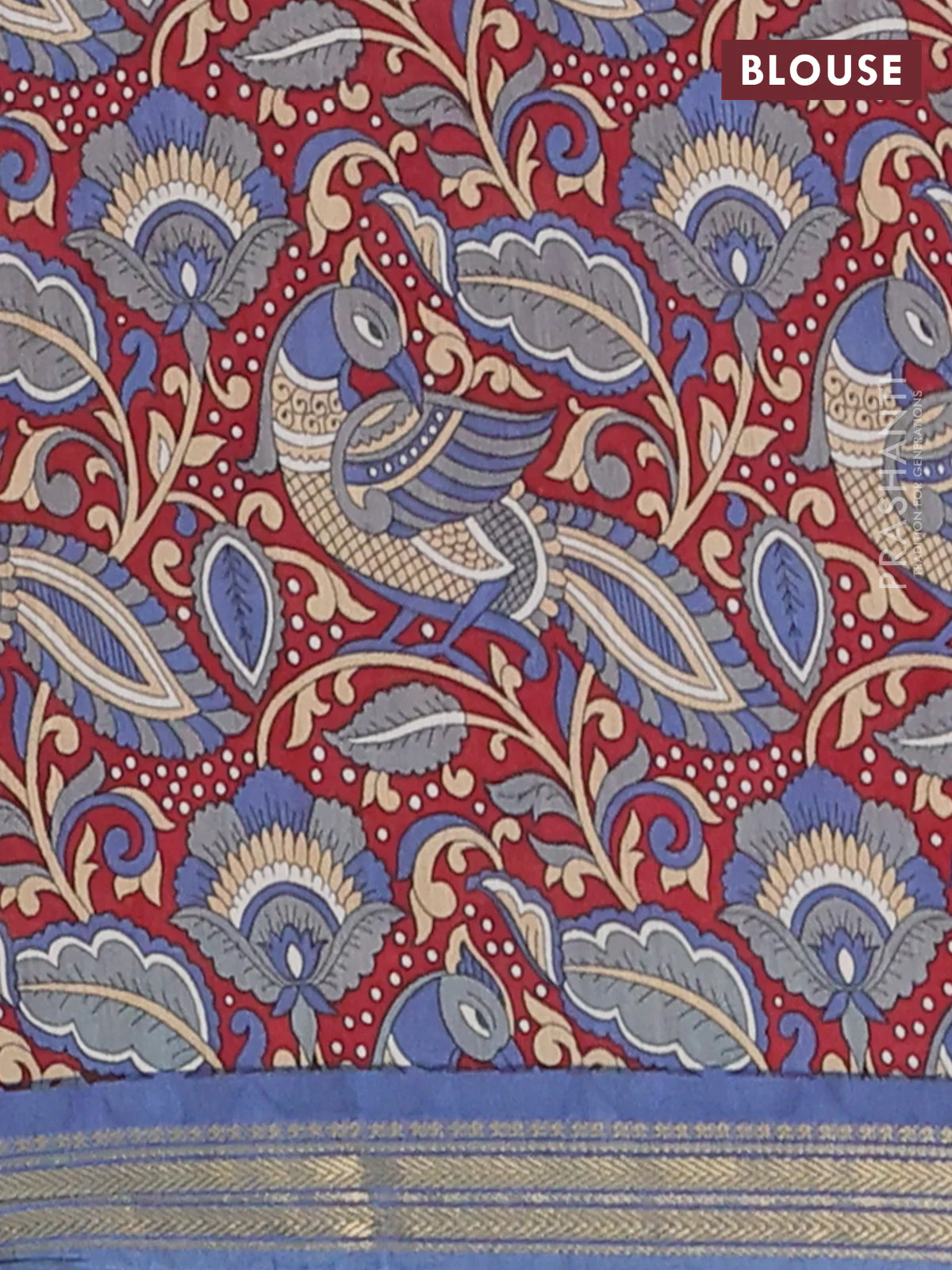 Muslin silk saree greyish blue and maroon with allover prints and long kalamkari printed zari border - Image 4