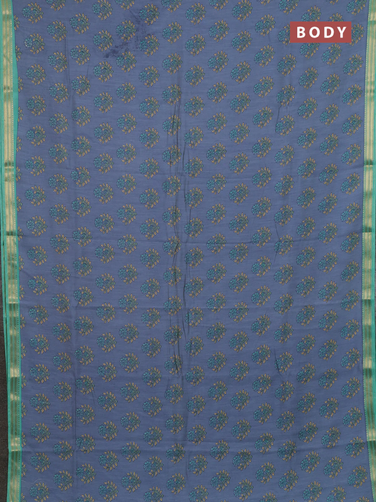 Muslin silk saree greyish blue and teal green shade with allover floral butta prints and zari woven border - Image 2