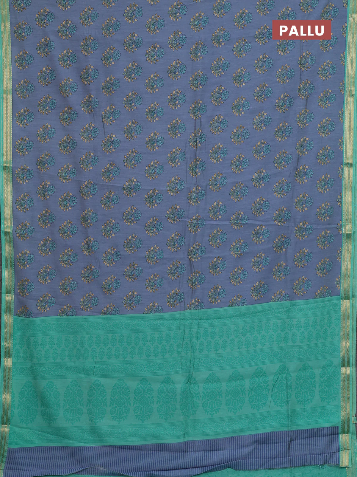 Muslin silk saree greyish blue and teal green shade with allover floral butta prints and zari woven border - Image 3