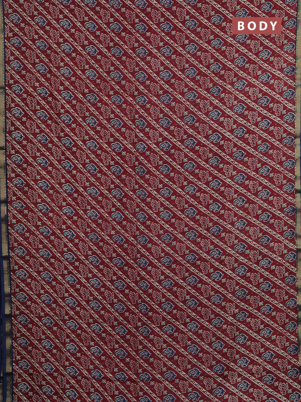 Muslin silk saree maroon and blue with allover ikat prints and zari woven border - Image 2
