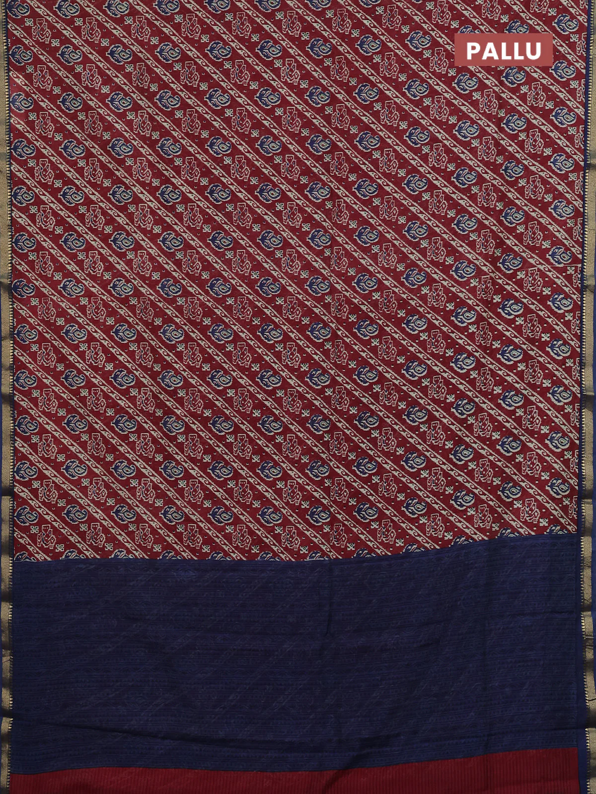 Muslin silk saree maroon and blue with allover ikat prints and zari woven border - Image 3