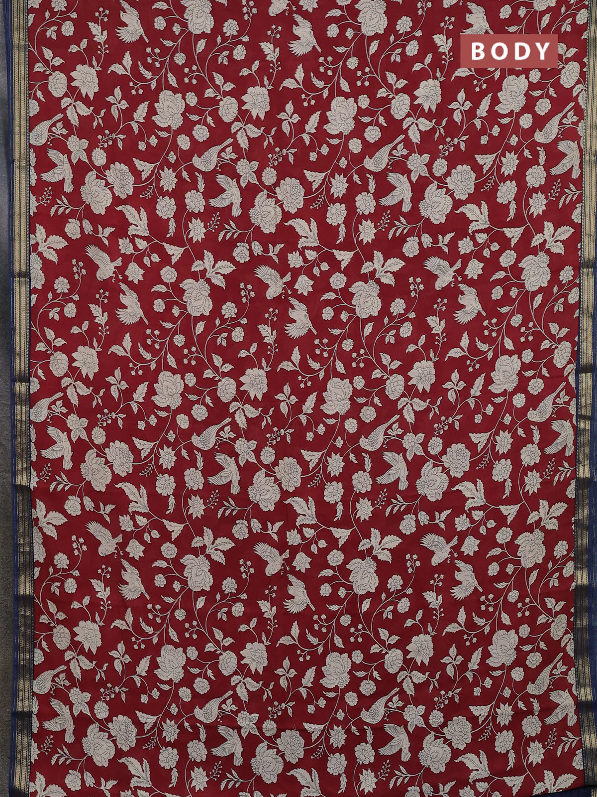 Muslin silk saree maroon and blue with allover prints and zari woven border - Image 2