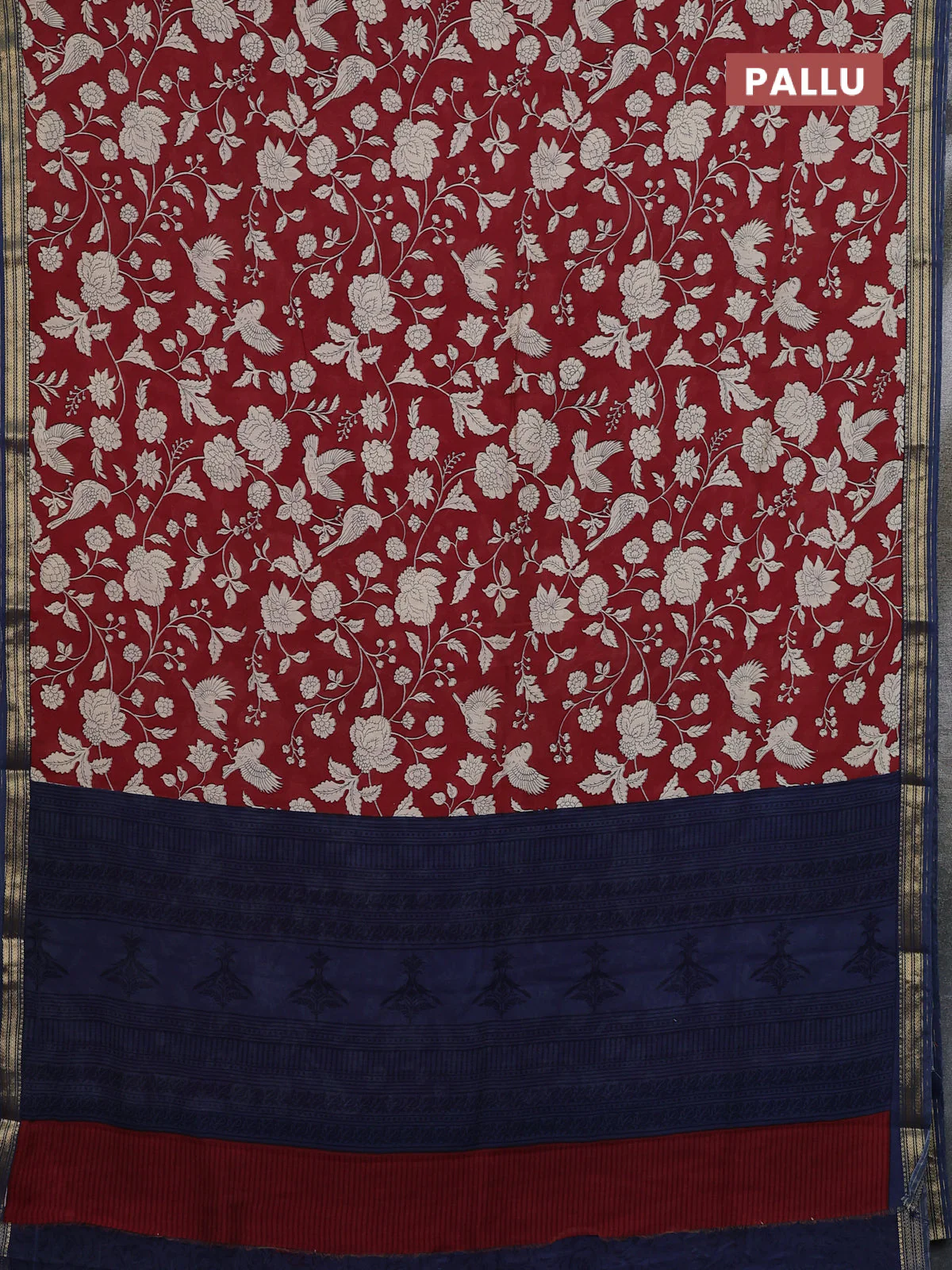Muslin silk saree maroon and blue with allover prints and zari woven border - Image 3