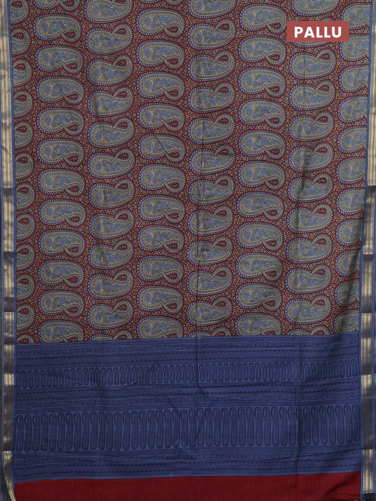 Muslin silk saree maroon and bluish grey with allover paisley prints and zari woven border - Image 3