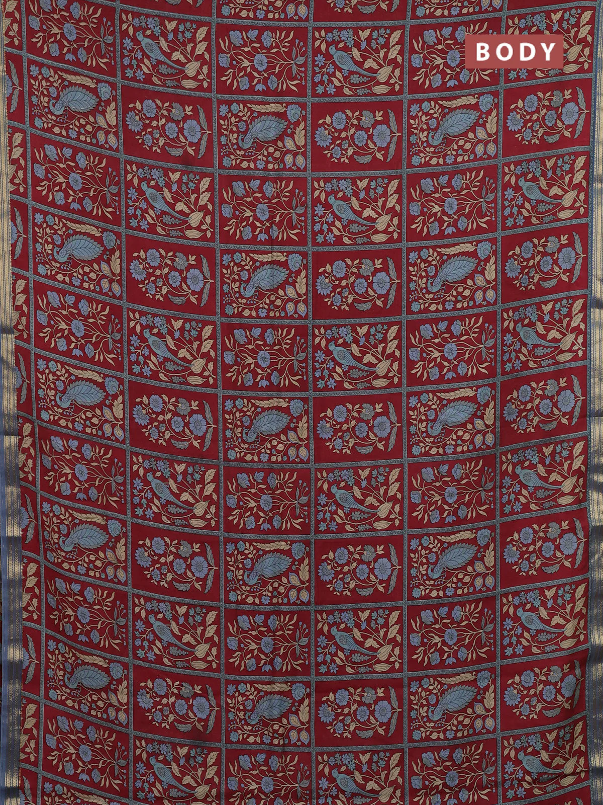 Muslin silk saree maroon and bluish grey with allover prints and zari woven border - Image 2