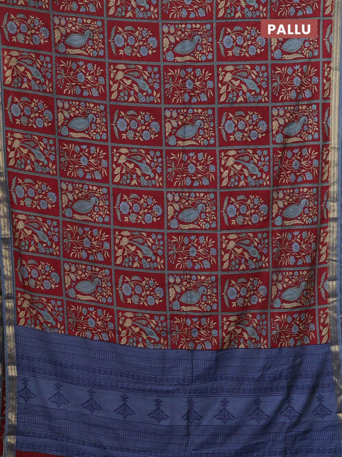 Muslin silk saree maroon and bluish grey with allover prints and zari woven border - Image 3
