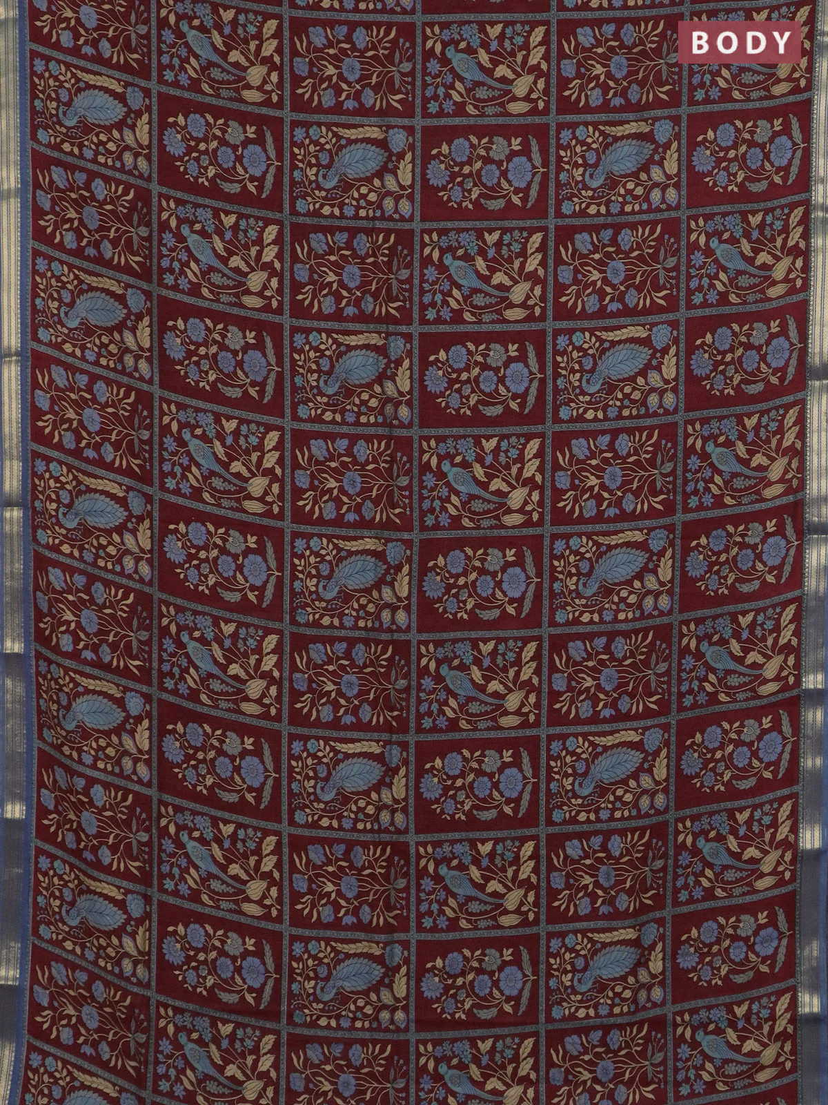 Muslin silk saree maroon and bluish grey with allover prints and zari woven border - Image 2