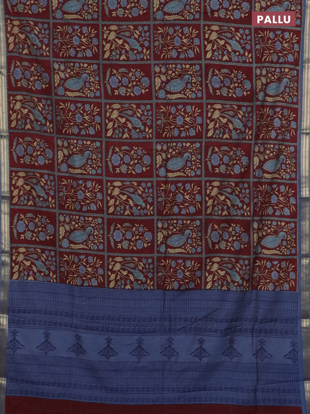 Muslin silk saree maroon and bluish grey with allover prints and zari woven border - Image 3
