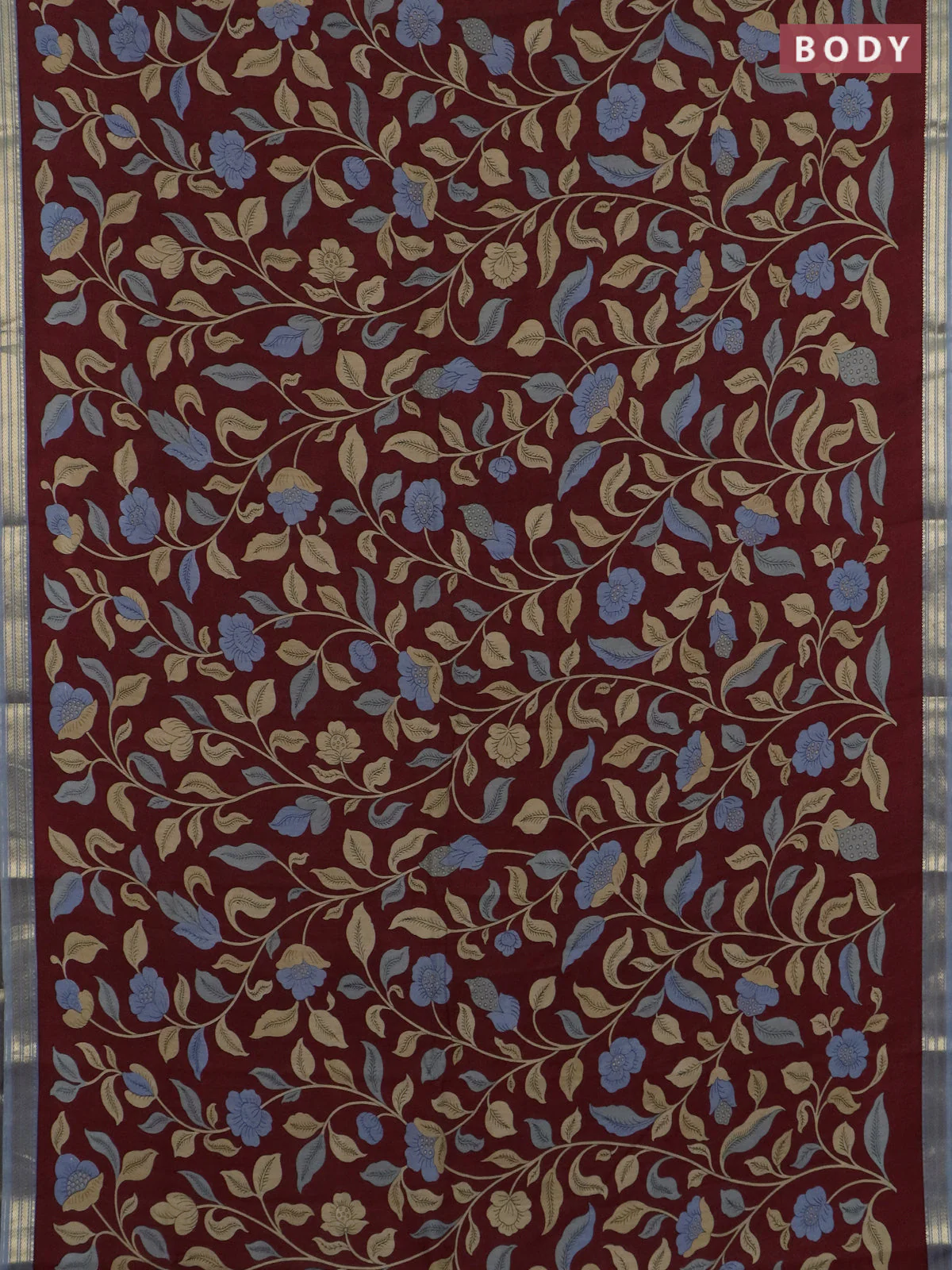 Muslin silk saree maroon and grey with allover prints and zari woven border - Image 2
