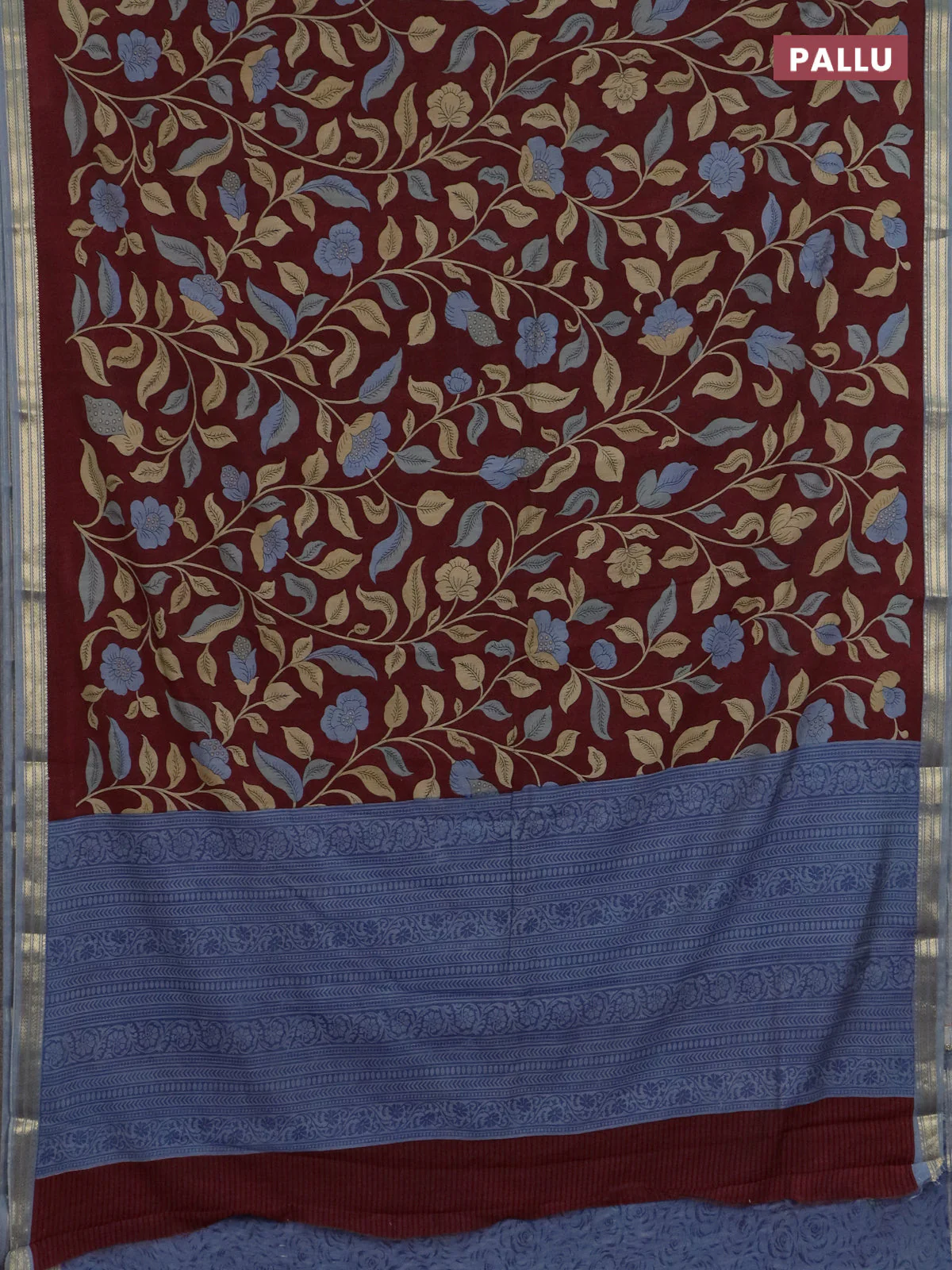 Muslin silk saree maroon and grey with allover prints and zari woven border - Image 3