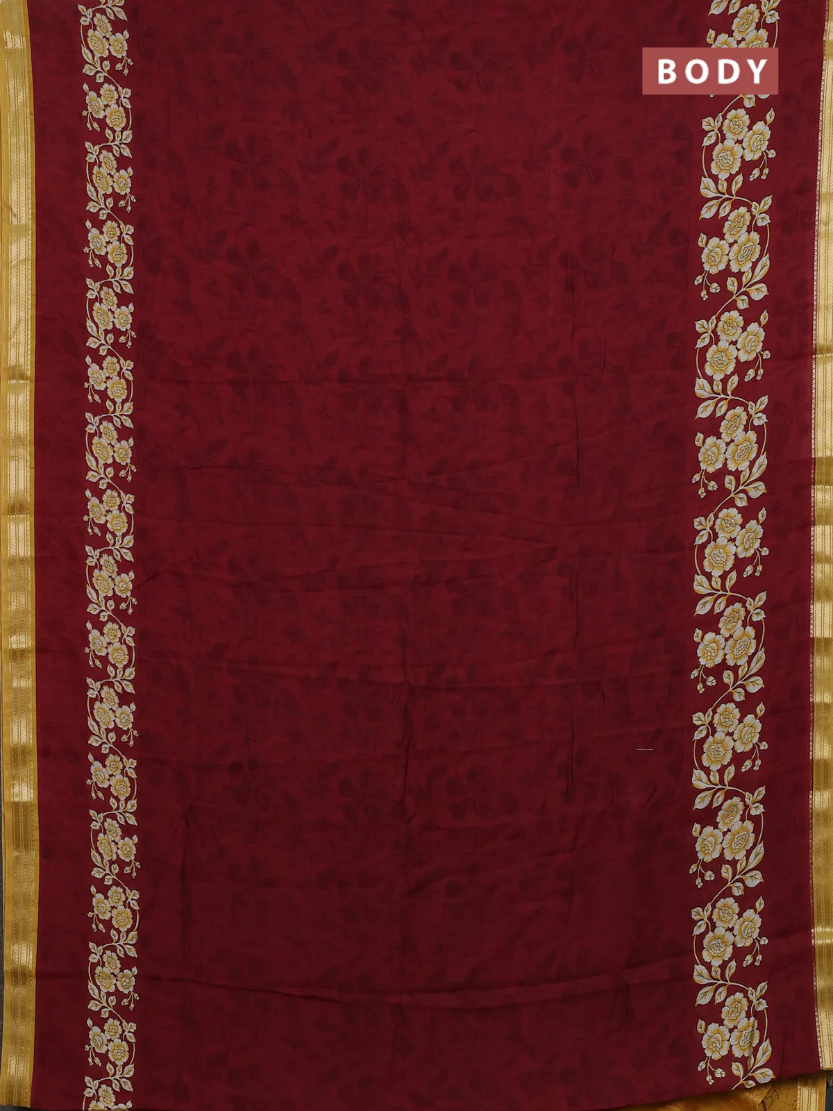 Muslin silk saree maroon and mustard yellow with allover floral prints and zari woven border - Image 2