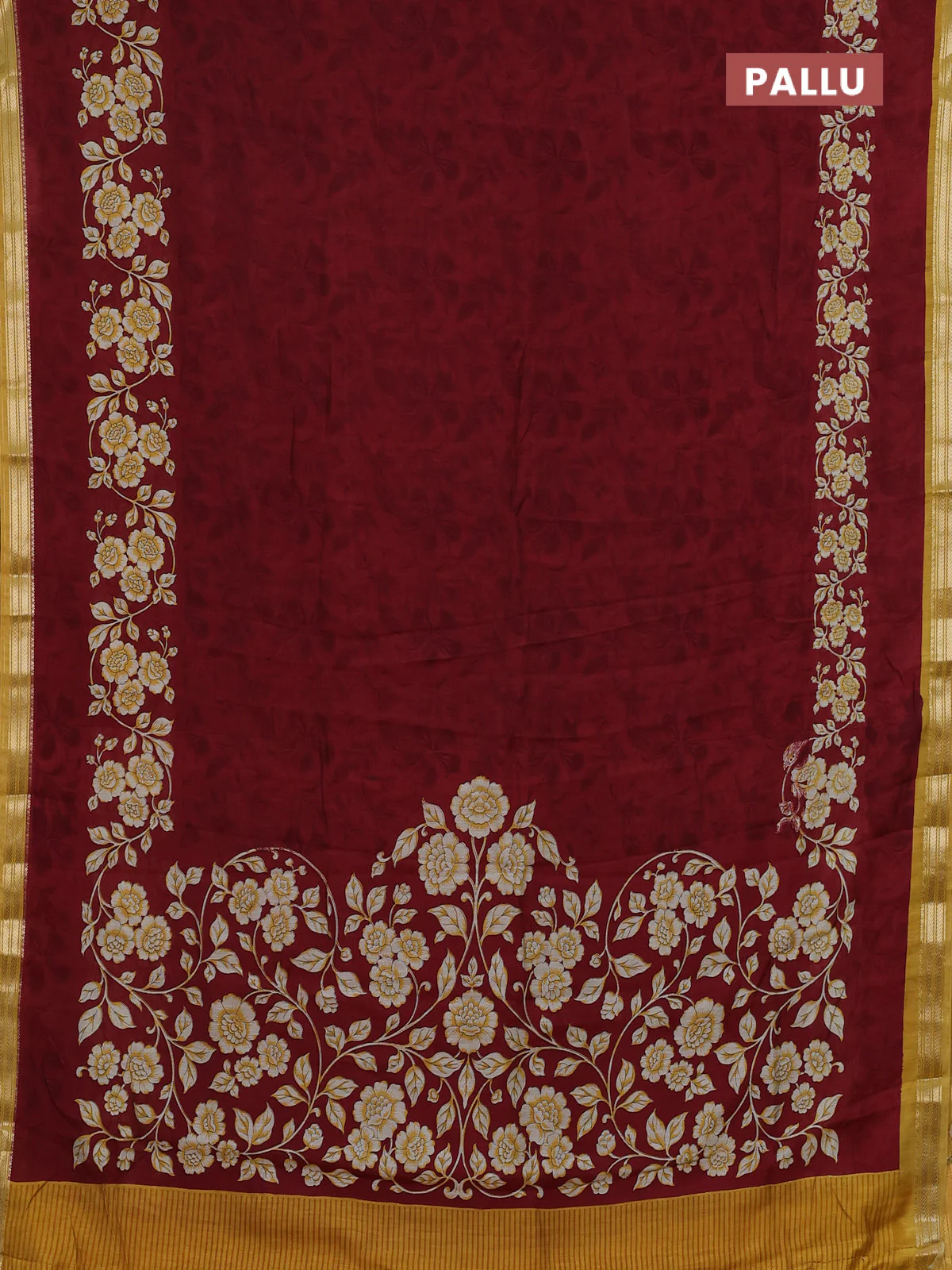 Muslin silk saree maroon and mustard yellow with allover floral prints and zari woven border - Image 3