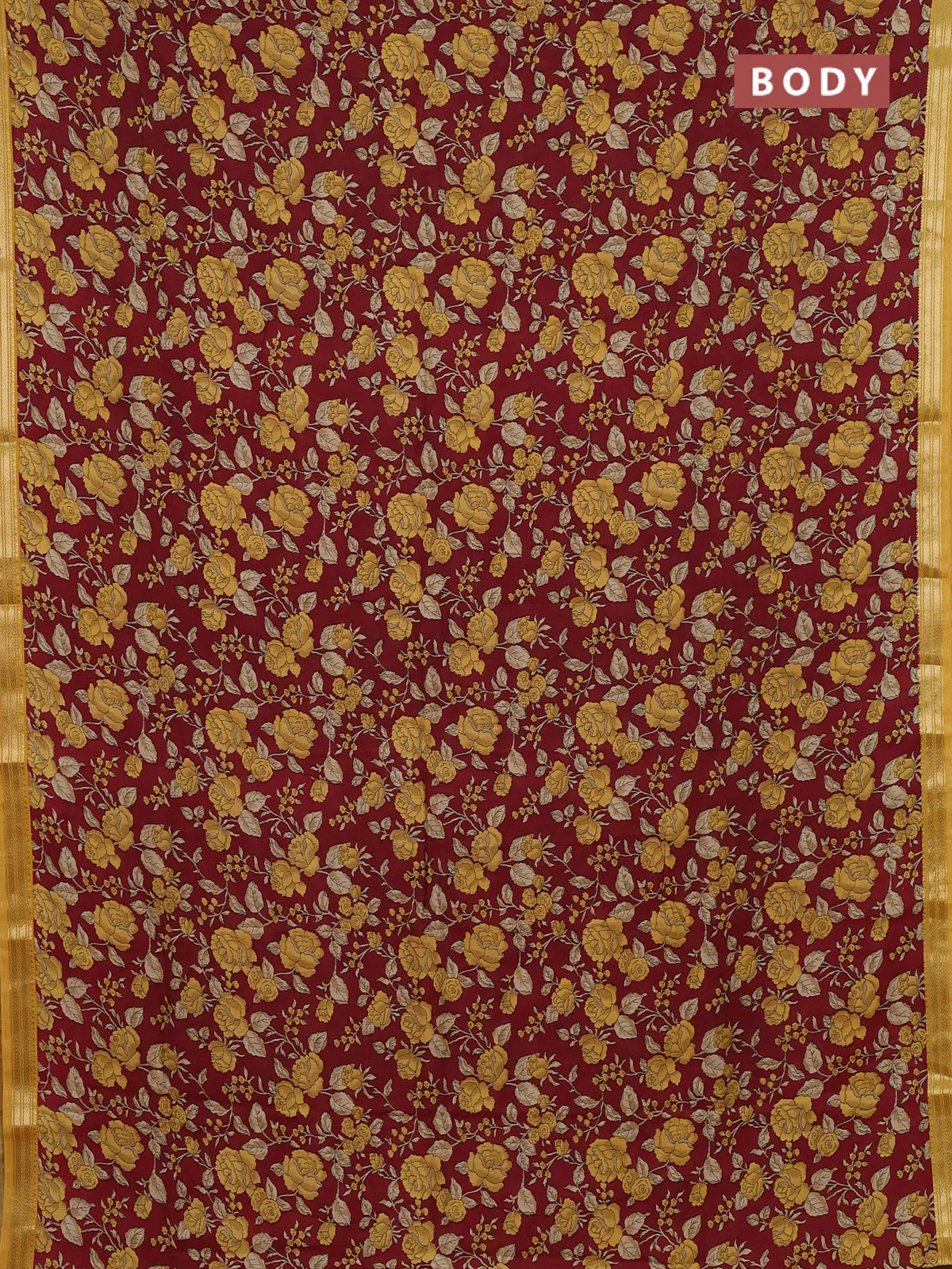 Muslin silk saree maroon and mustard yellow with allover floral prints and zari woven border - Image 2