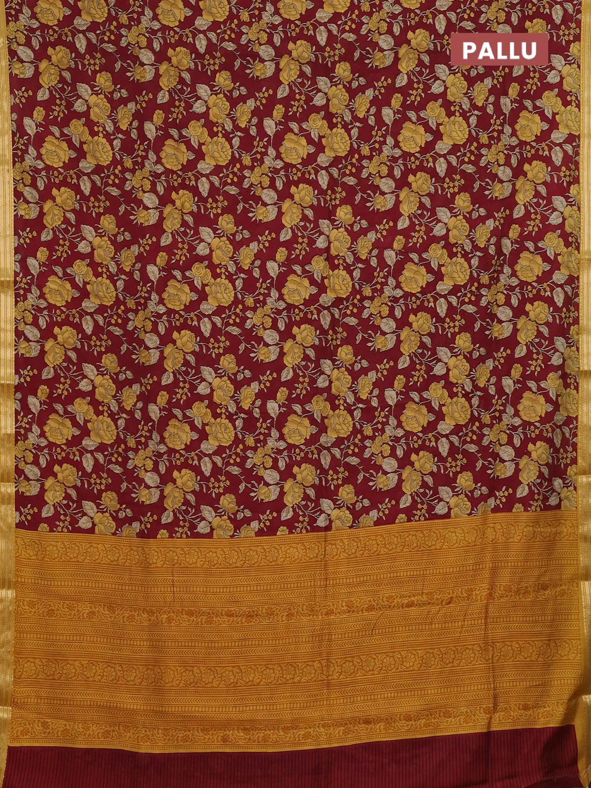 Muslin silk saree maroon and mustard yellow with allover floral prints and zari woven border - Image 3