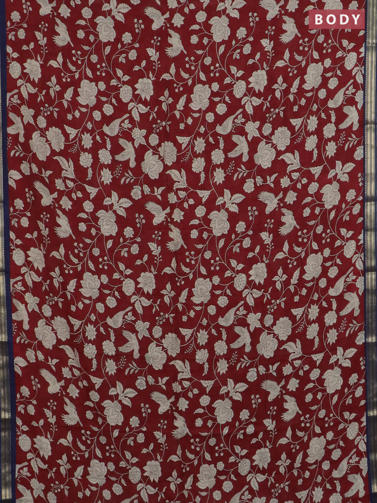 Muslin silk saree maroon and navy blue with allover floral prints and zari woven border - Image 2