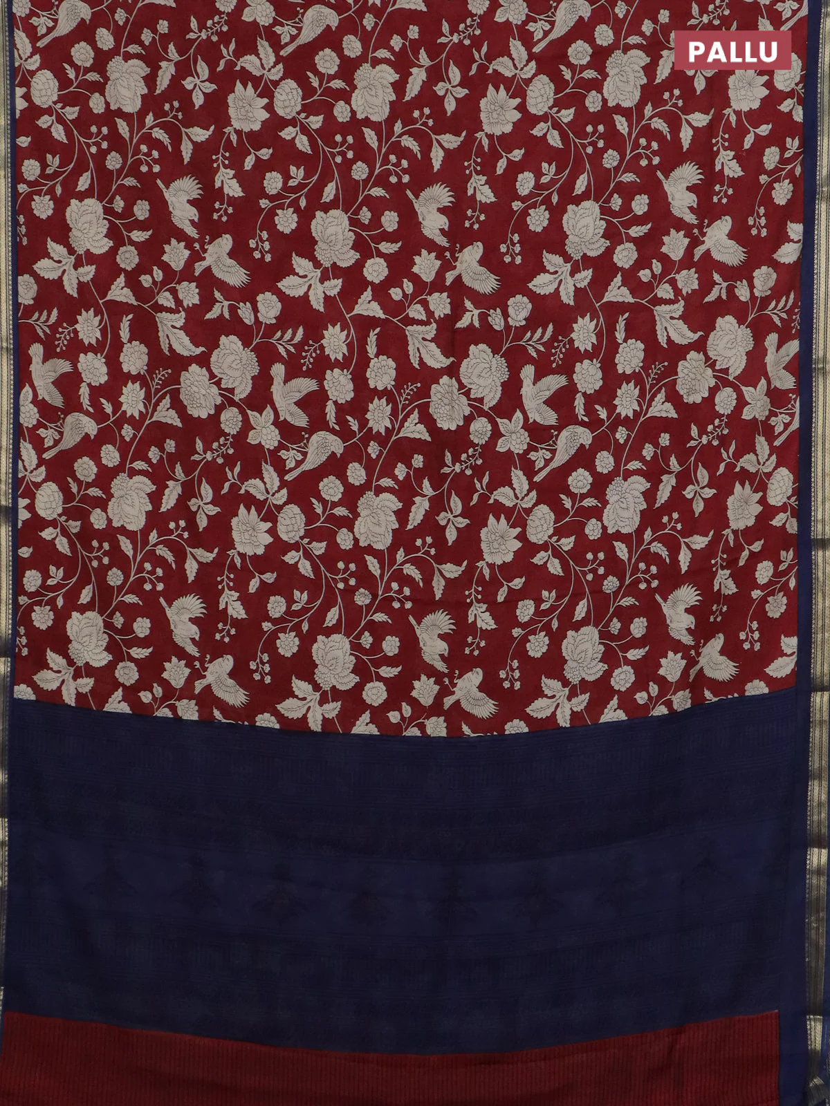 Muslin silk saree maroon and navy blue with allover floral prints and zari woven border - Image 3