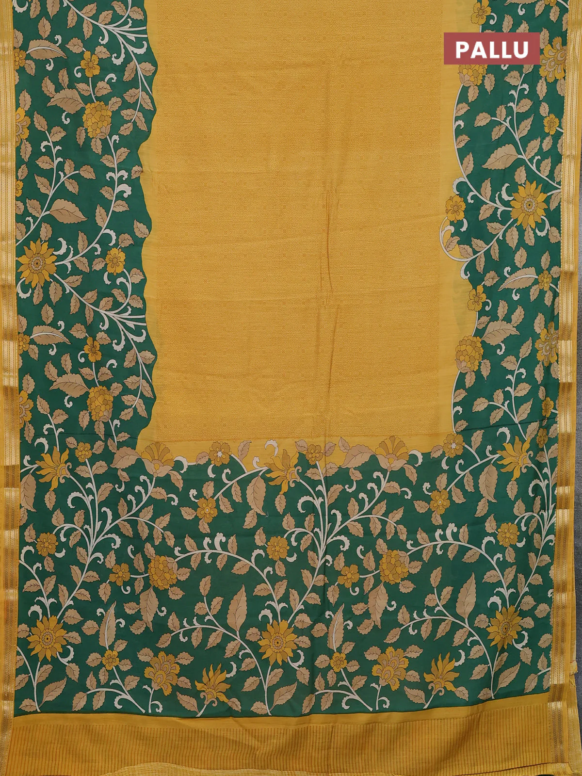 Muslin silk saree mustard yellow and green with allover prints and long kalamkari printed zari border - Image 3