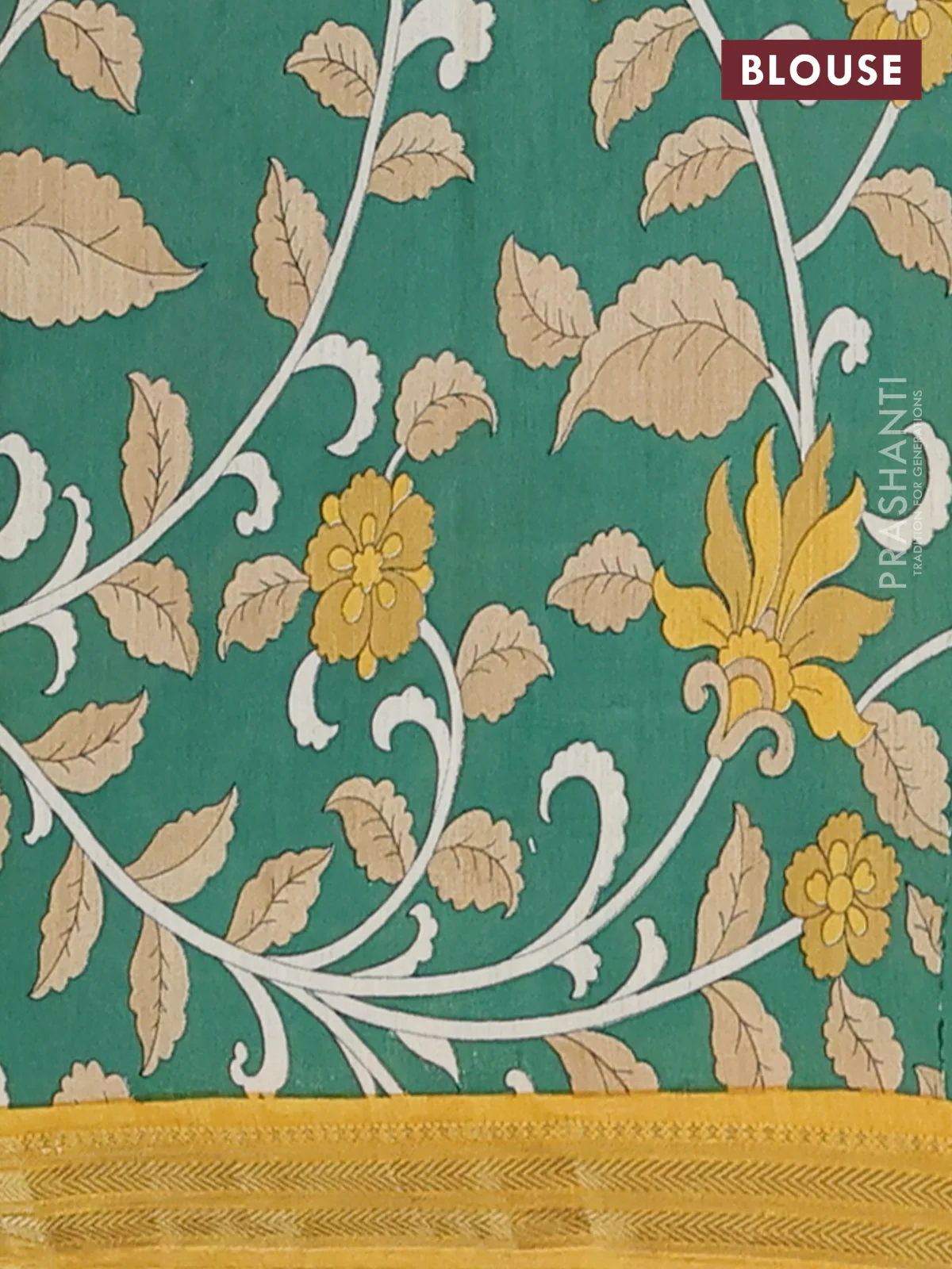 Muslin silk saree mustard yellow and green with allover prints and long kalamkari printed zari border - Image 4