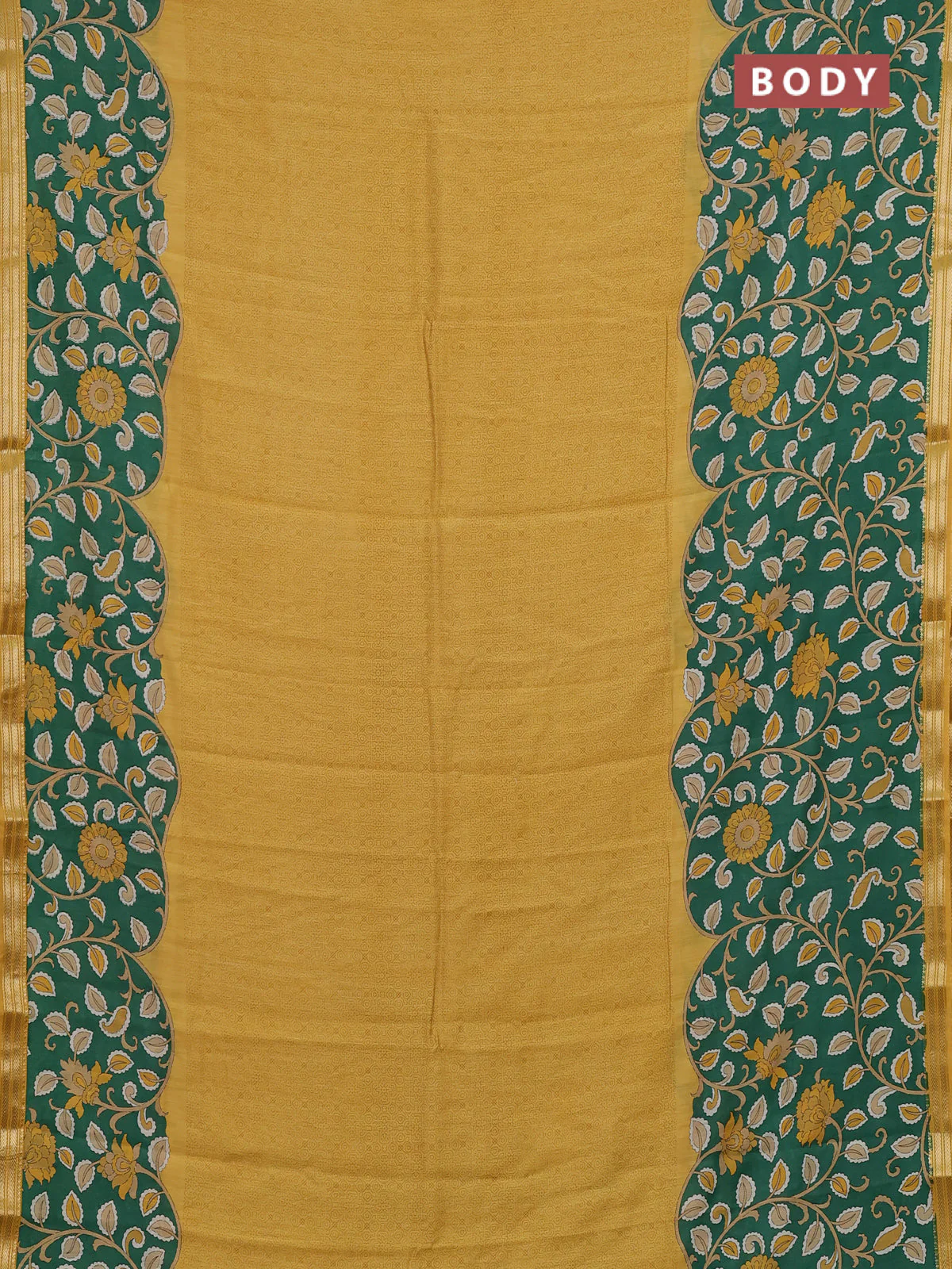 Muslin silk saree mustard yellow and green with allover prints and long kalamkari printed zari border - Image 2
