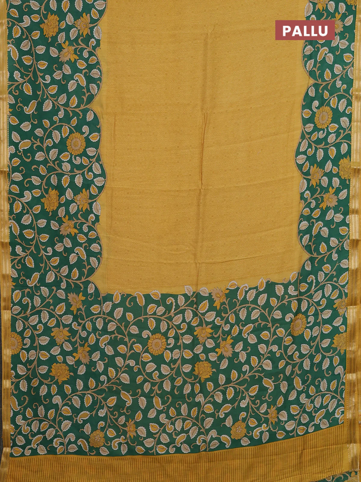 Muslin silk saree mustard yellow and green with allover prints and long kalamkari printed zari border - Image 3