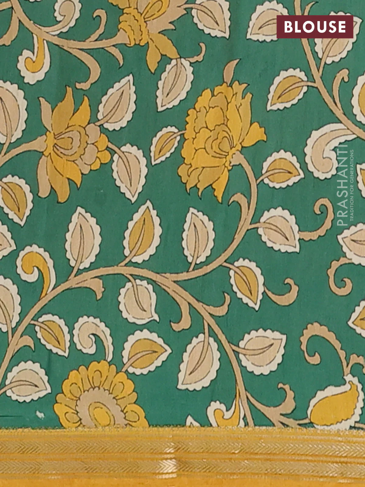 Muslin silk saree mustard yellow and green with allover prints and long kalamkari printed zari border - Image 4
