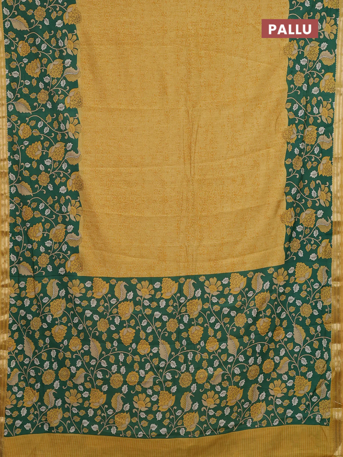 Muslin silk saree mustard yellow and green with allover prints and long kalamkari printed zari border - Image 3