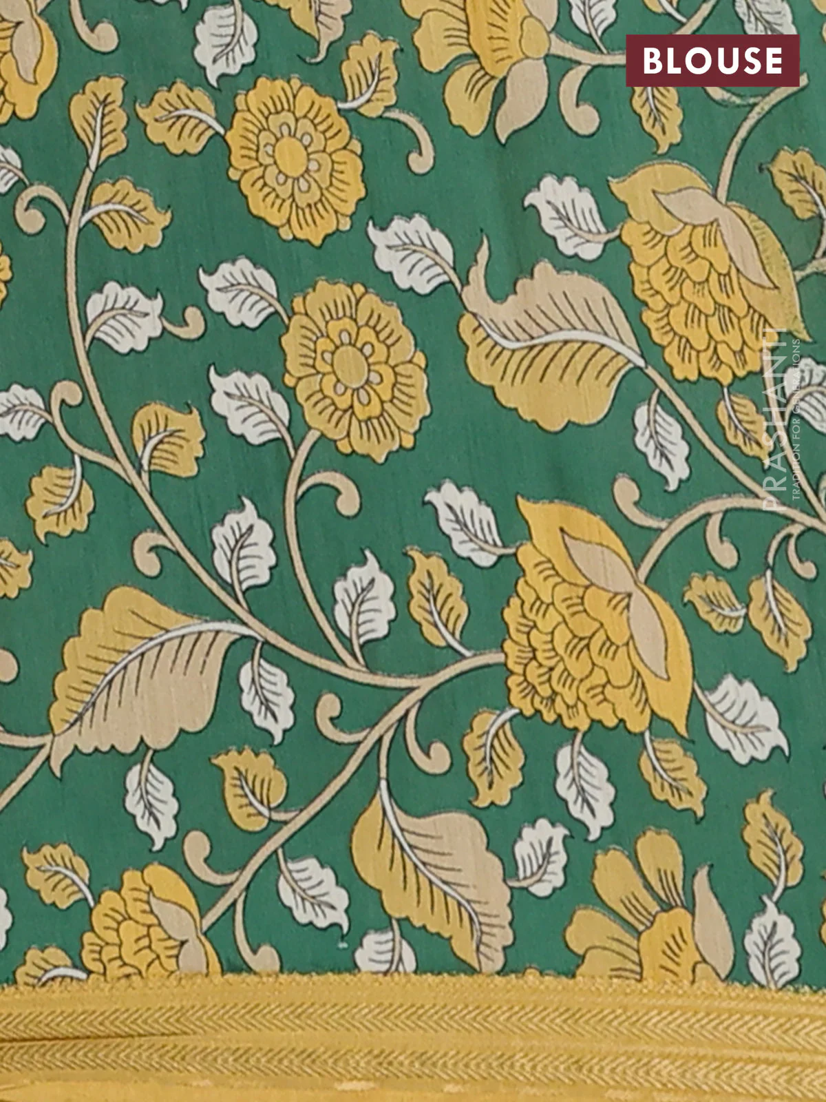 Muslin silk saree mustard yellow and green with allover prints and long kalamkari printed zari border - Image 4
