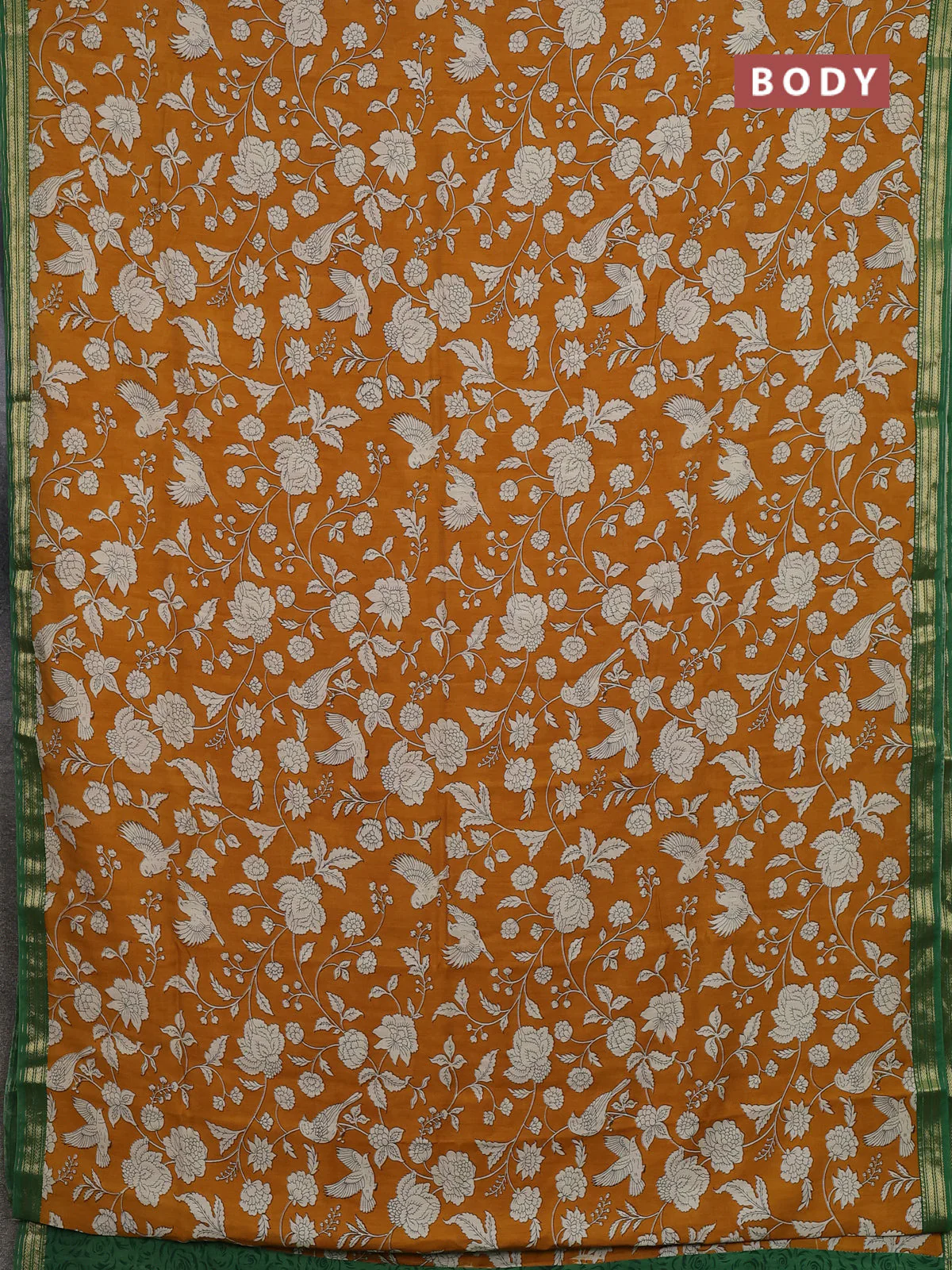 Muslin silk saree mustard yellow and green with allover prints and zari woven border - Image 2