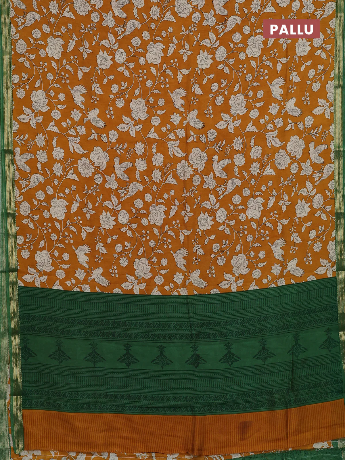 Muslin silk saree mustard yellow and green with allover prints and zari woven border - Image 3