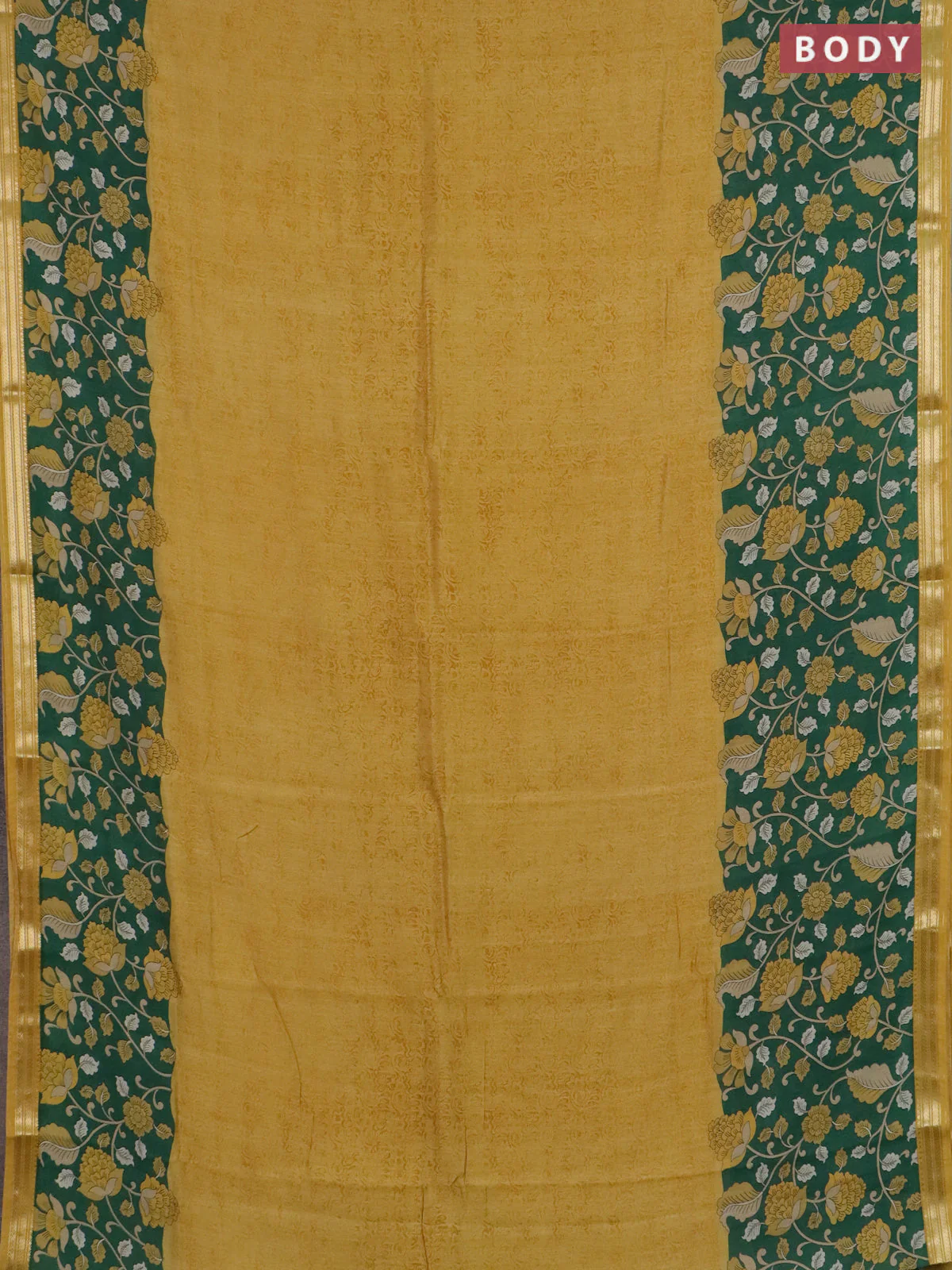 Muslin silk saree mustard yellow and green with prints and long kalamkari printed zari border - Image 2