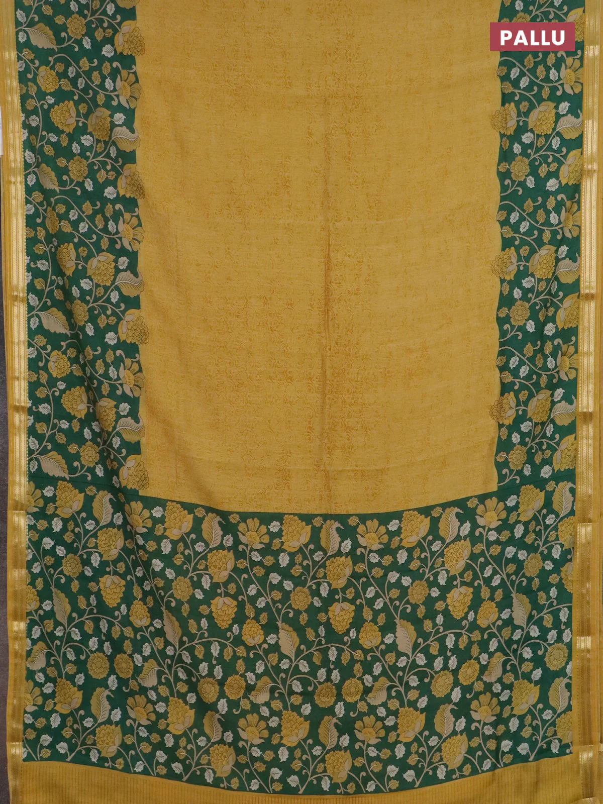 Muslin silk saree mustard yellow and green with prints and long kalamkari printed zari border - Image 3