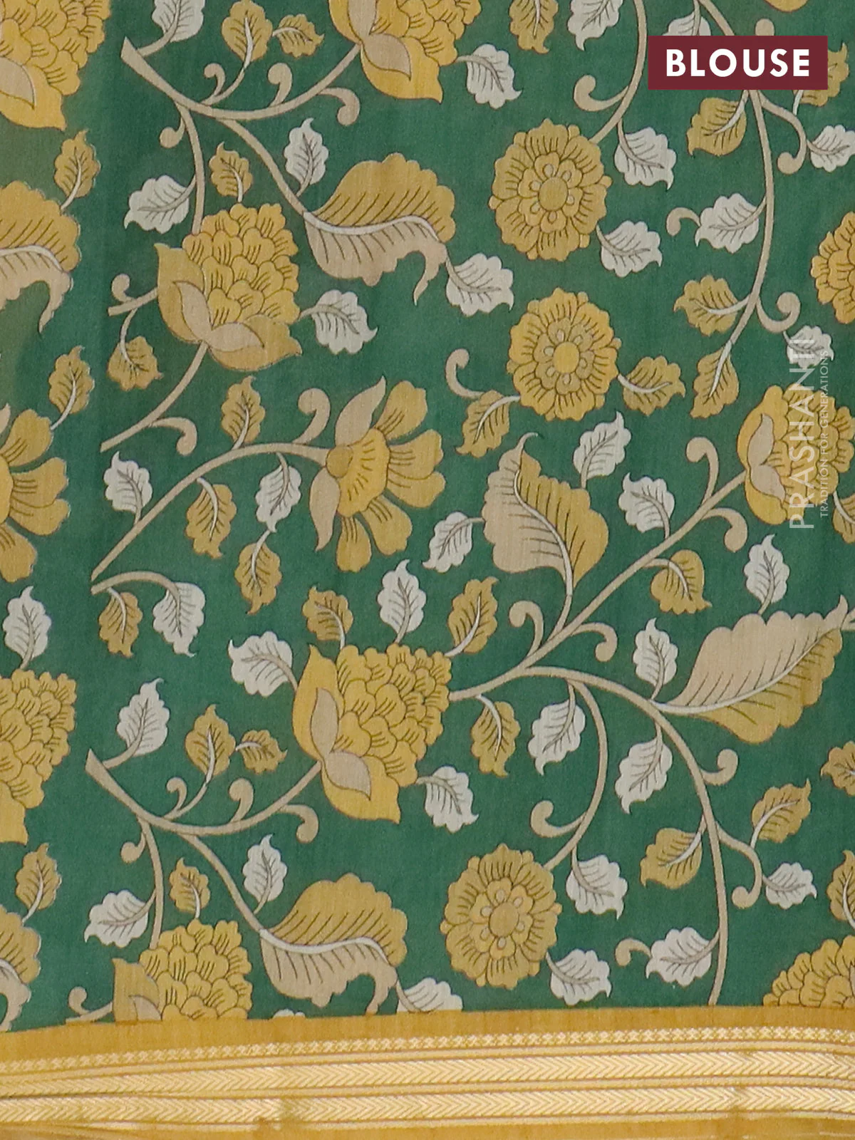 Muslin silk saree mustard yellow and green with prints and long kalamkari printed zari border - Image 4