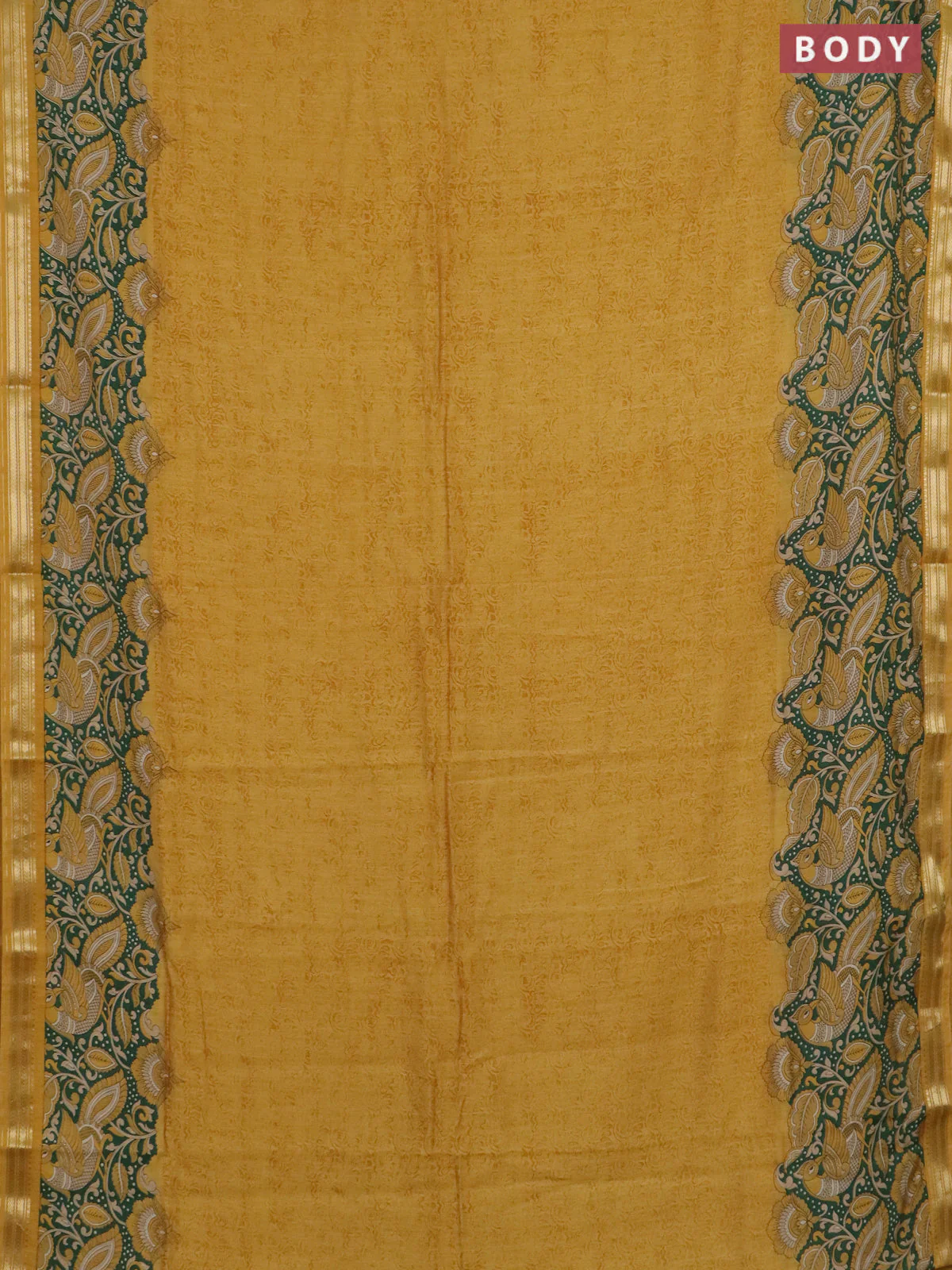 Muslin silk saree mustard yellow and green with prints and long kalamkari printed zari border - Image 2