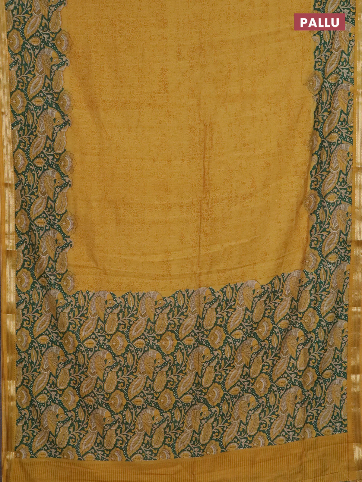 Muslin silk saree mustard yellow and green with prints and long kalamkari printed zari border - Image 3