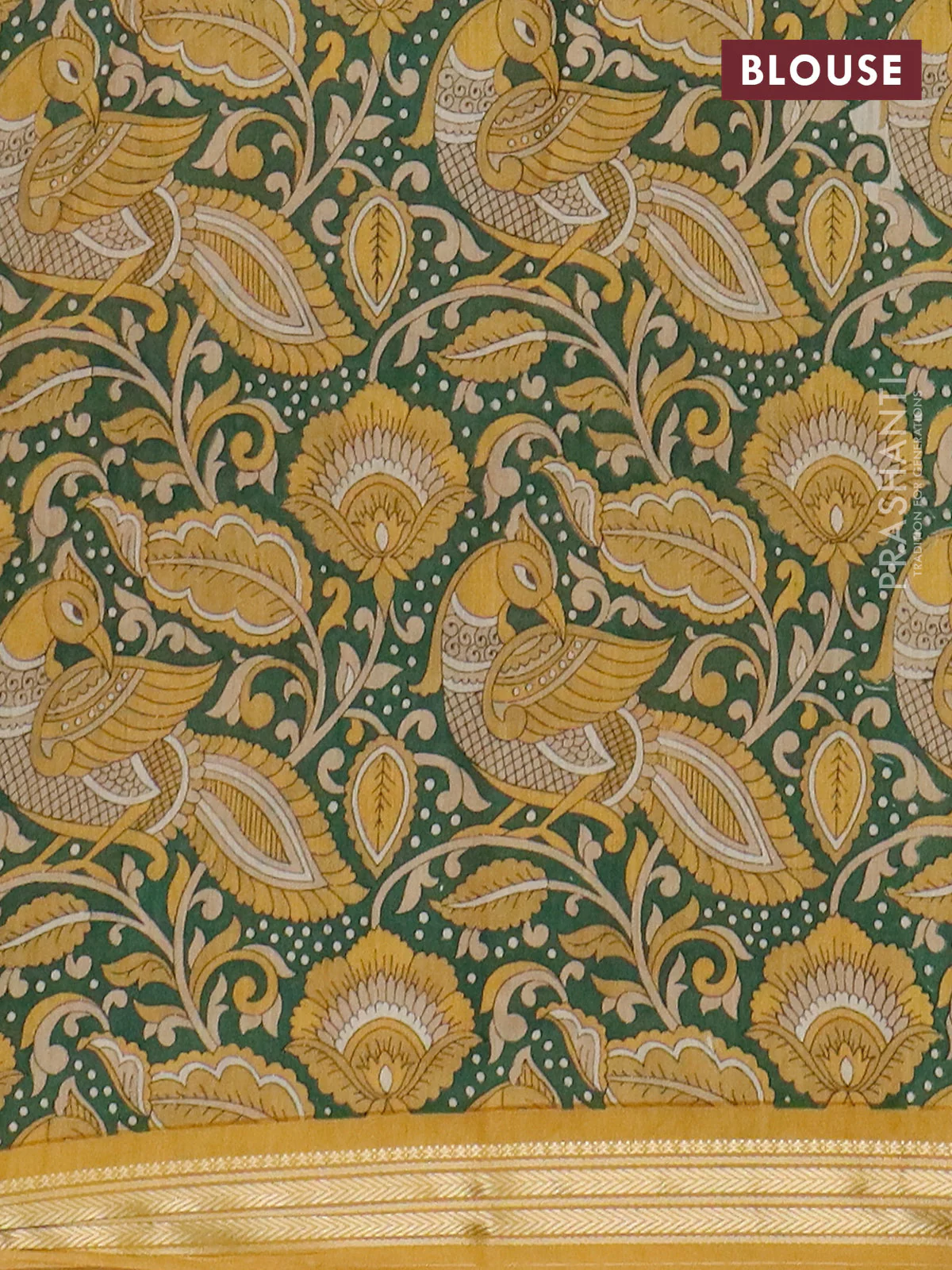 Muslin silk saree mustard yellow and green with prints and long kalamkari printed zari border - Image 4
