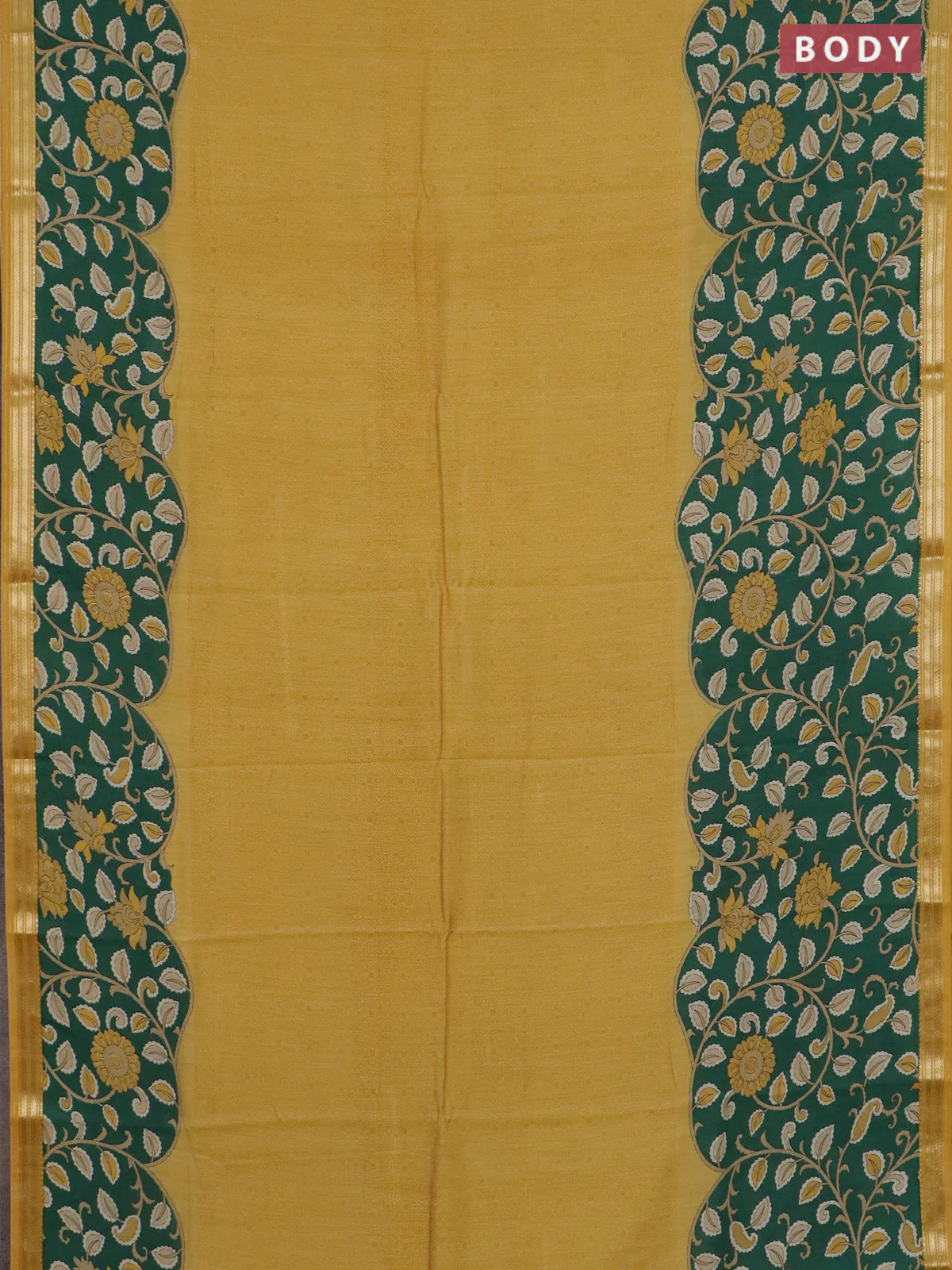 Muslin silk saree mustard yellow and green with prints and long kalamkari printed zari border - Image 2