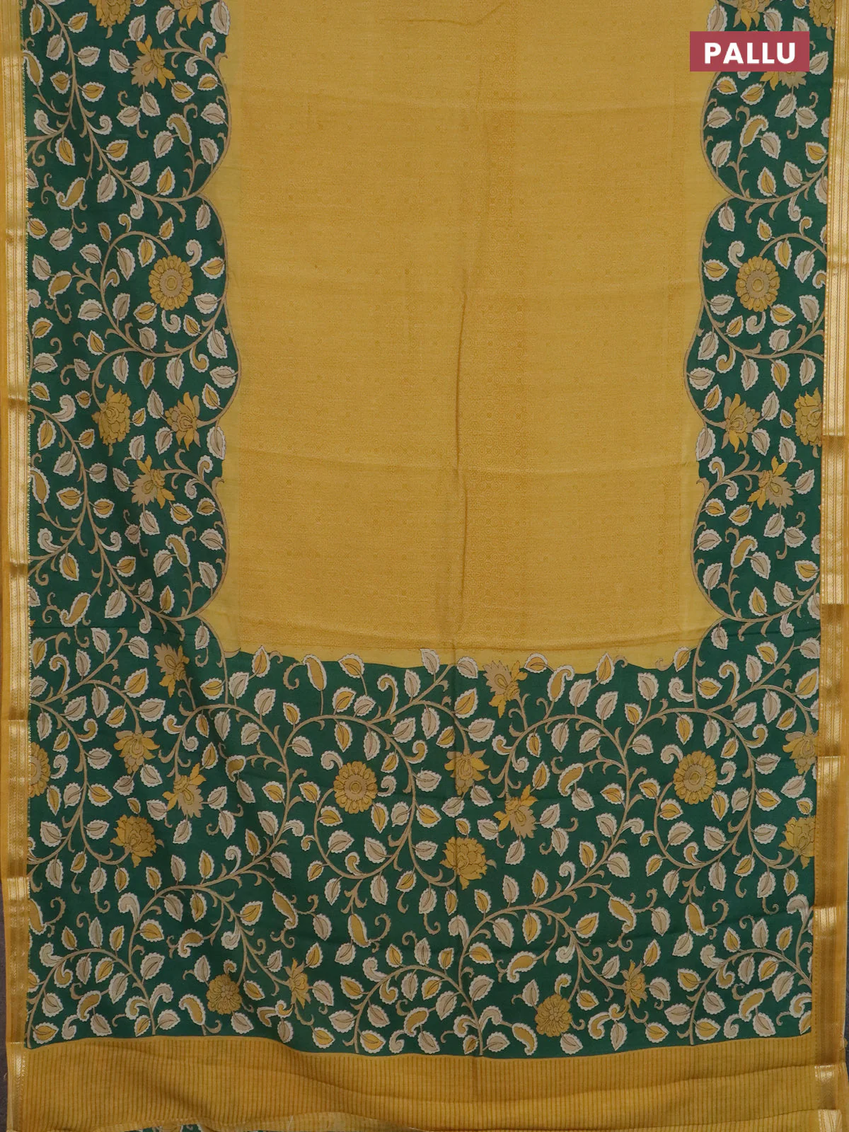 Muslin silk saree mustard yellow and green with prints and long kalamkari printed zari border - Image 3