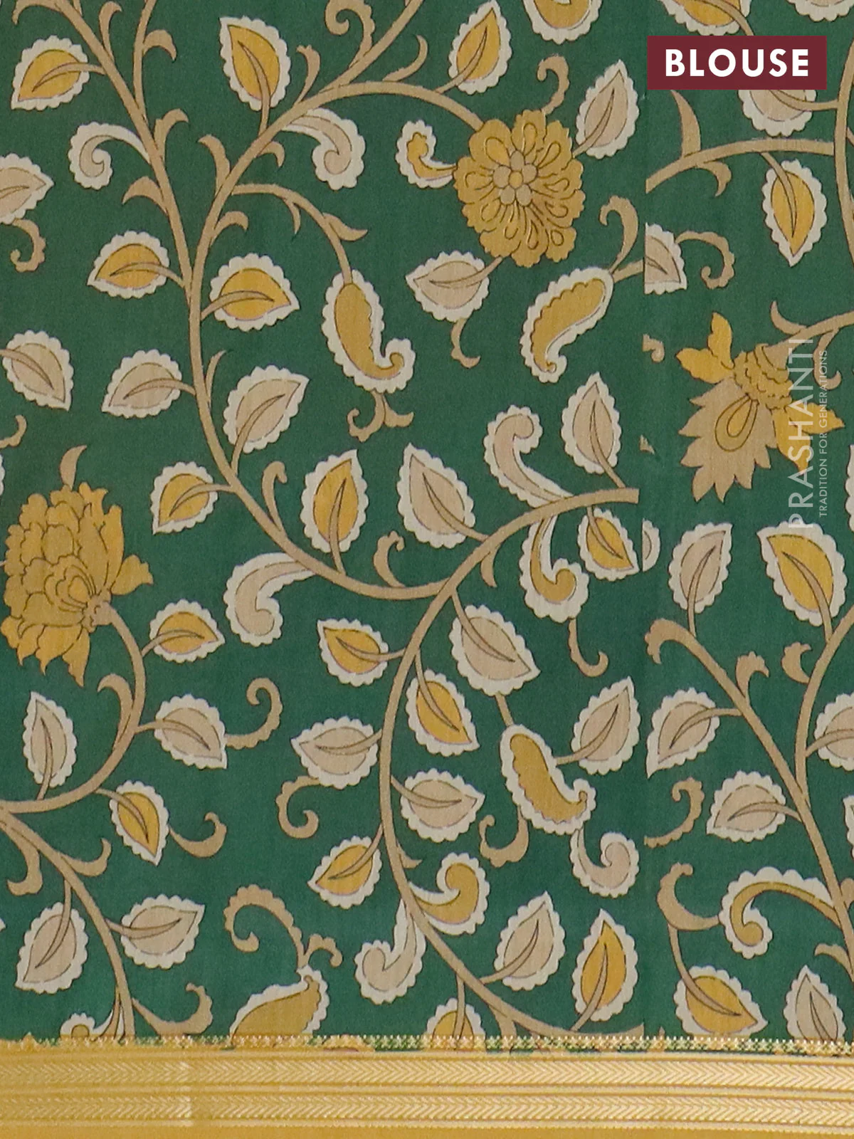 Muslin silk saree mustard yellow and green with prints and long kalamkari printed zari border - Image 4