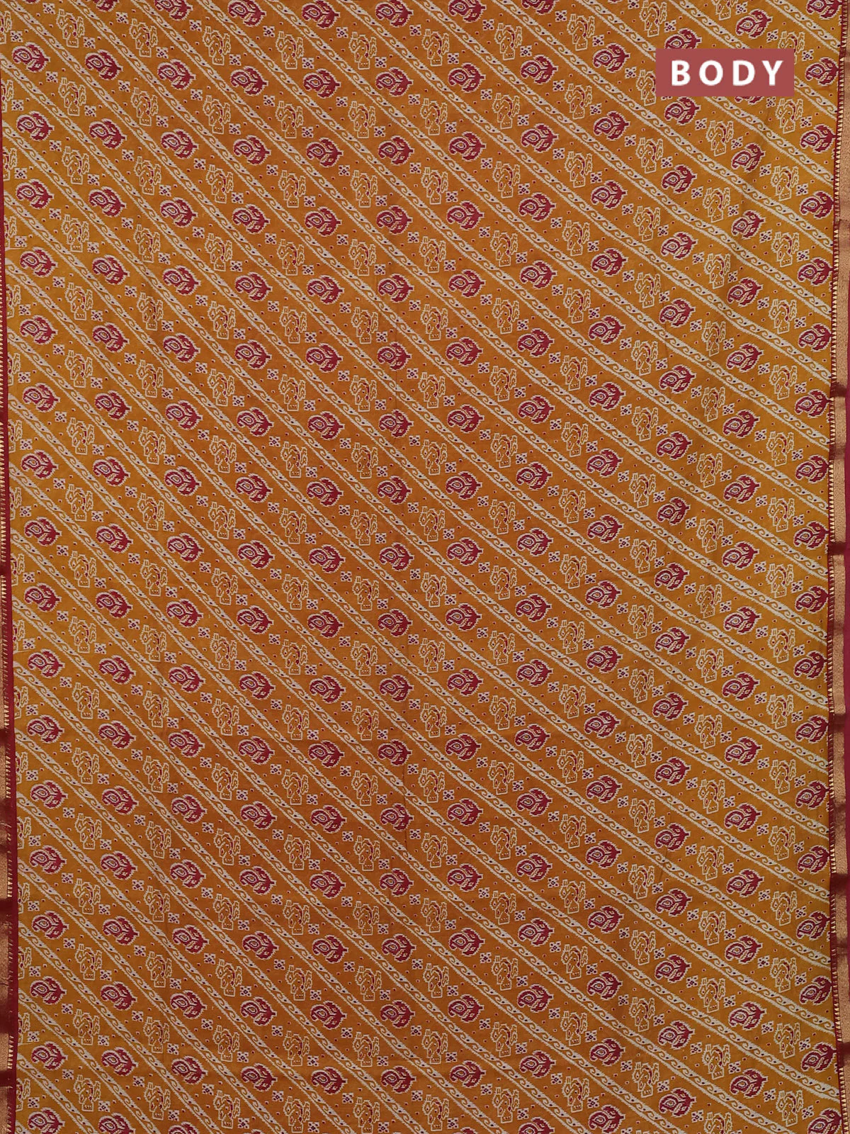 Muslin silk saree mustard yellow and maroon with allover ikat prints and zari woven border - Image 2