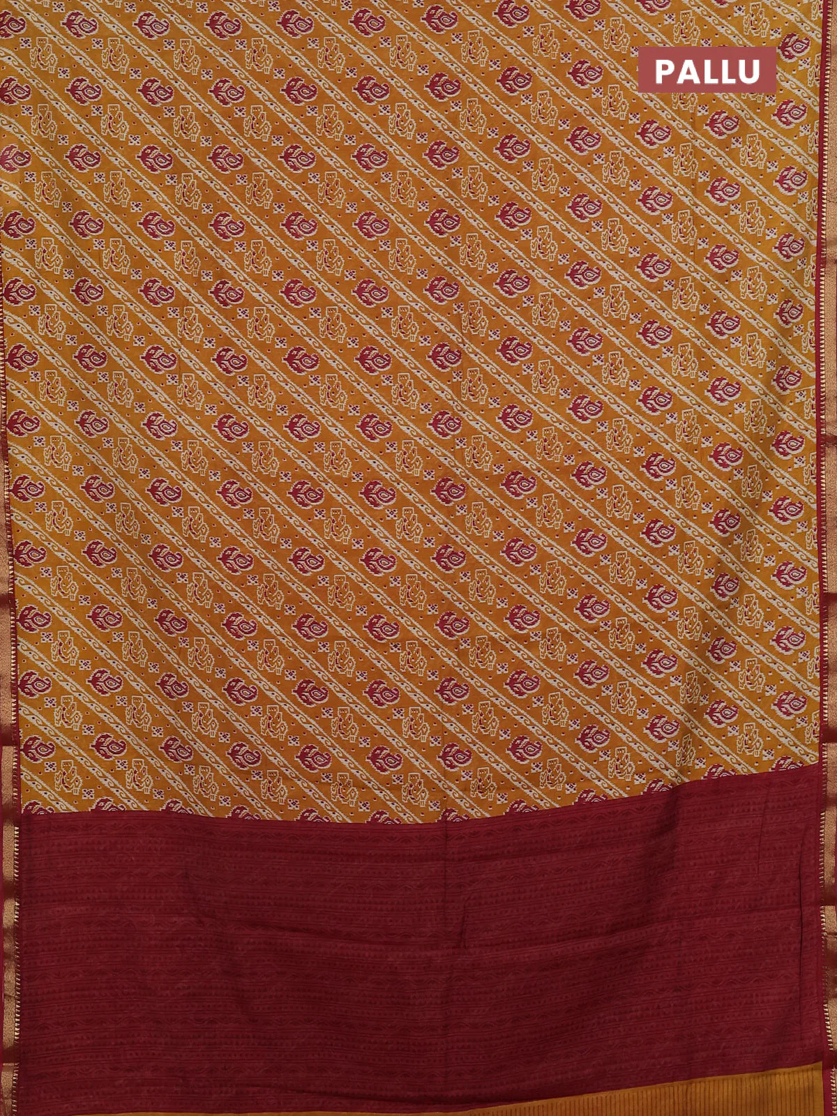 Muslin silk saree mustard yellow and maroon with allover ikat prints and zari woven border - Image 3