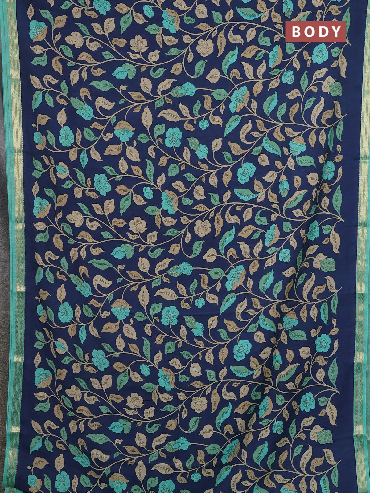 Muslin silk saree navy blue and teal blue with allover floral prints and zari woven border - Image 2