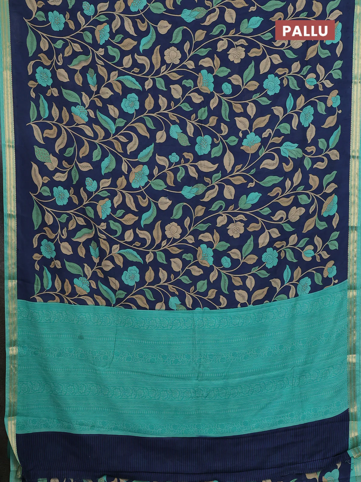 Muslin silk saree navy blue and teal blue with allover floral prints and zari woven border - Image 3