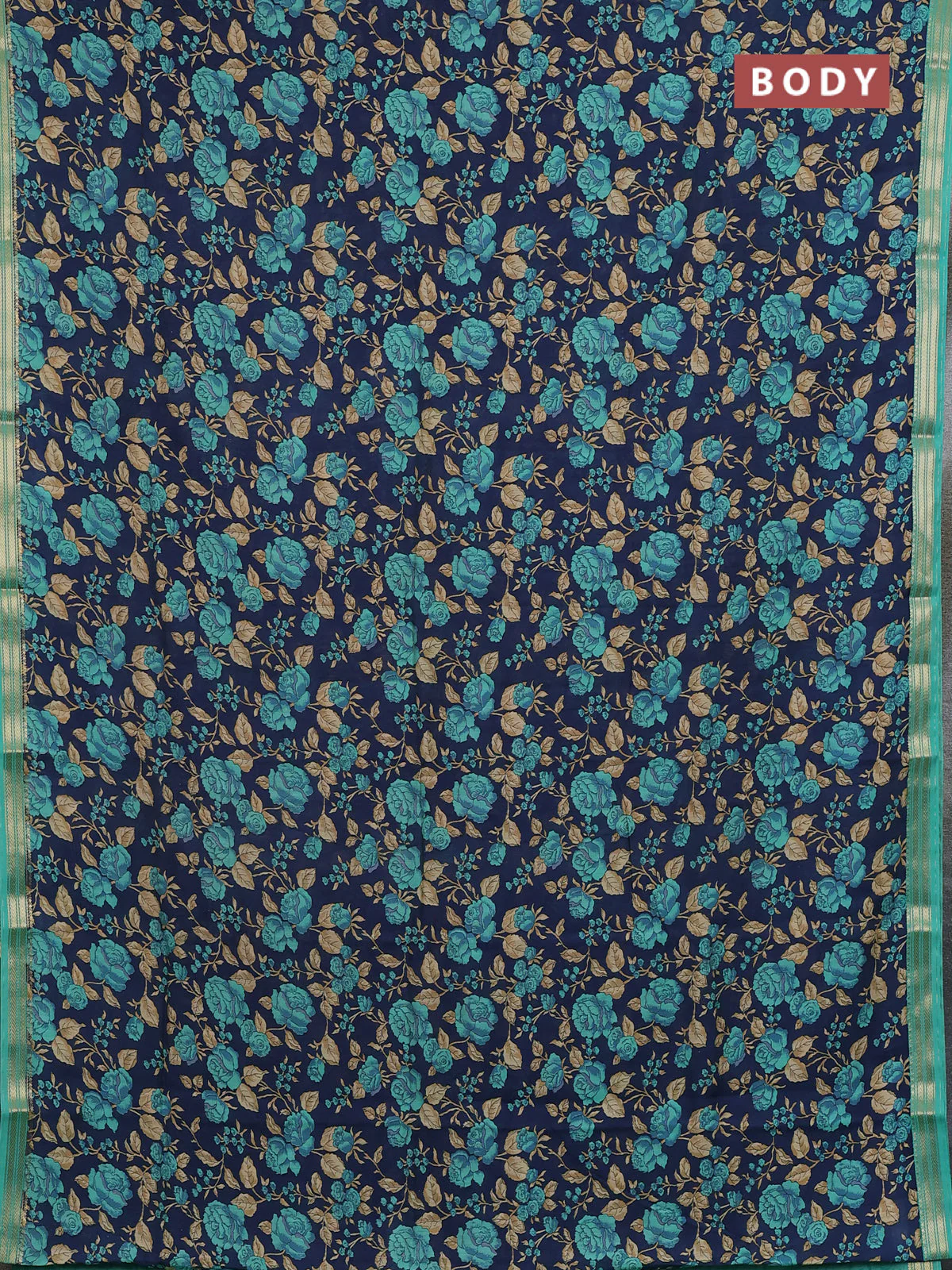 Muslin silk saree navy blue and teal green with allover floral prints and zari woven border - Image 2