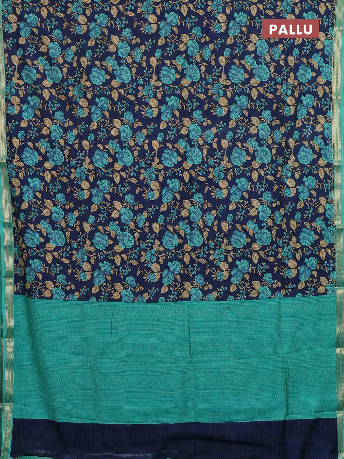 Muslin silk saree navy blue and teal green with allover floral prints and zari woven border - Image 3