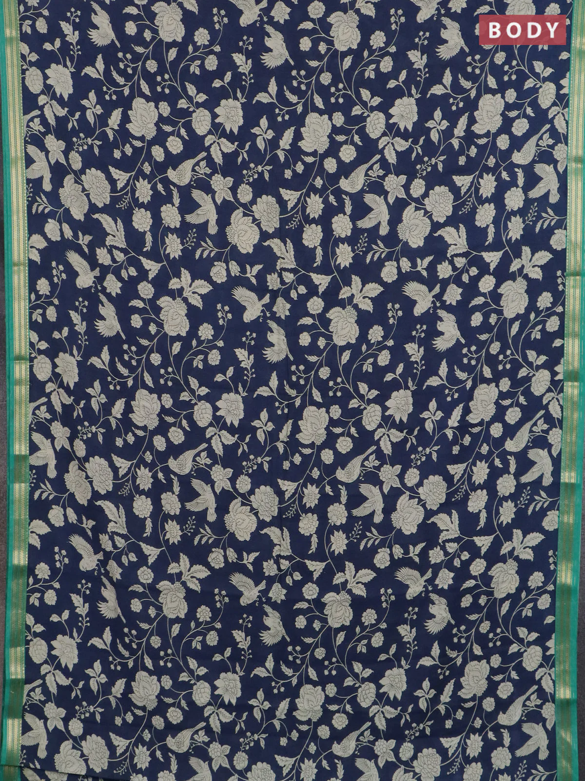 Muslin silk saree navy blue and teal green with allover floral prints and zari woven border - Image 2