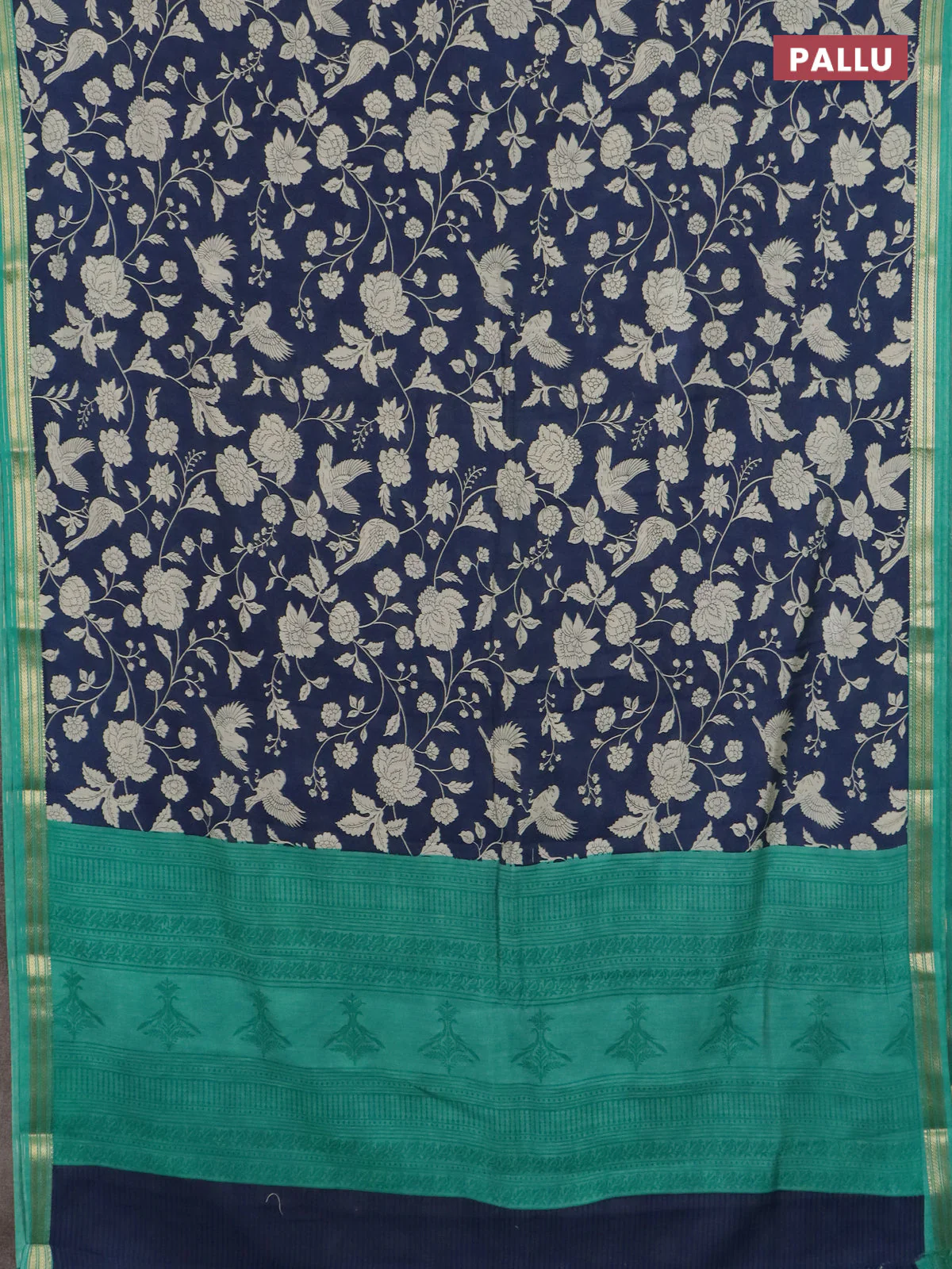 Muslin silk saree navy blue and teal green with allover floral prints and zari woven border - Image 3