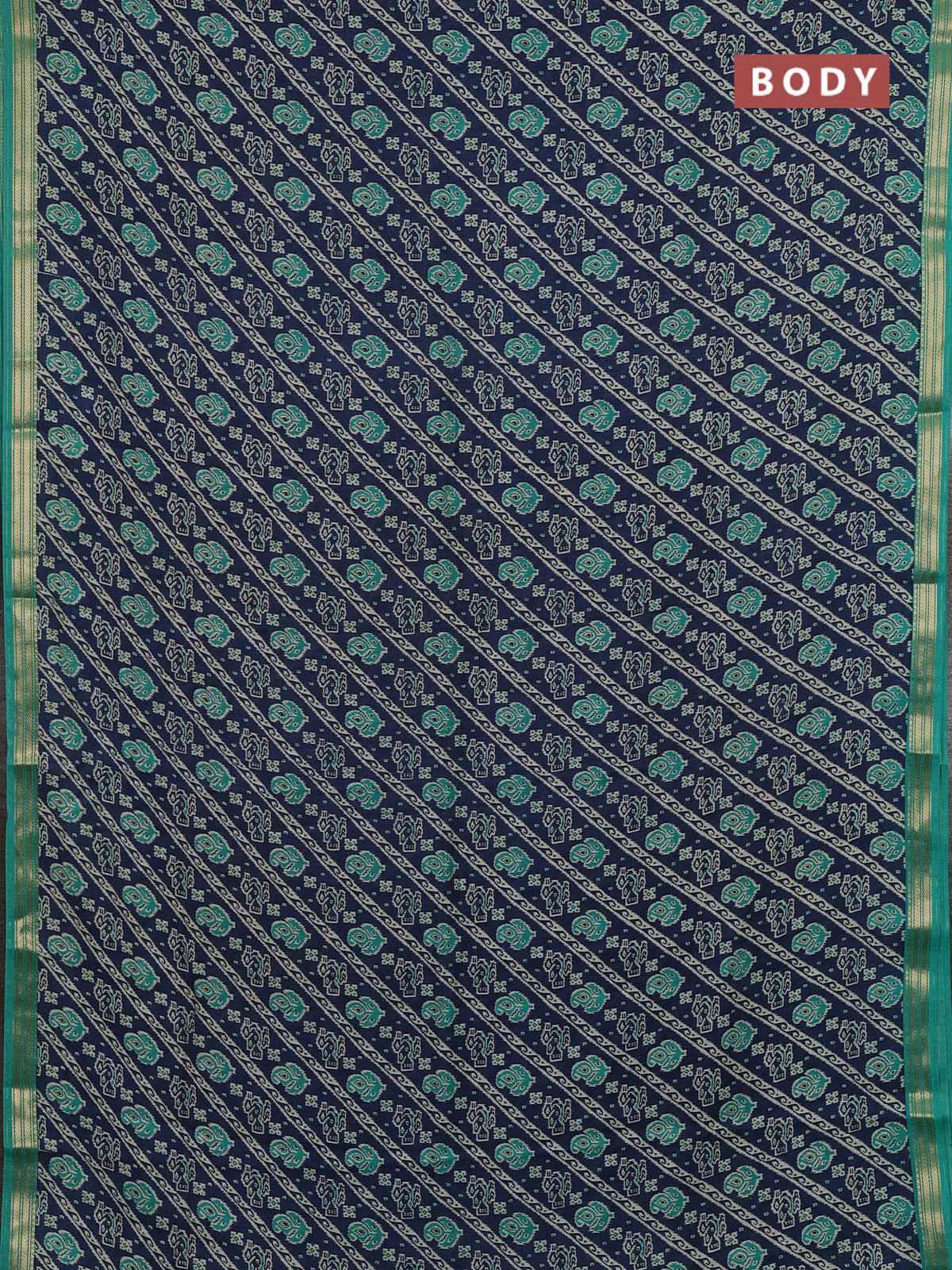 Muslin silk saree navy blue and teal green with allover ikat prints and zari woven border - Image 2