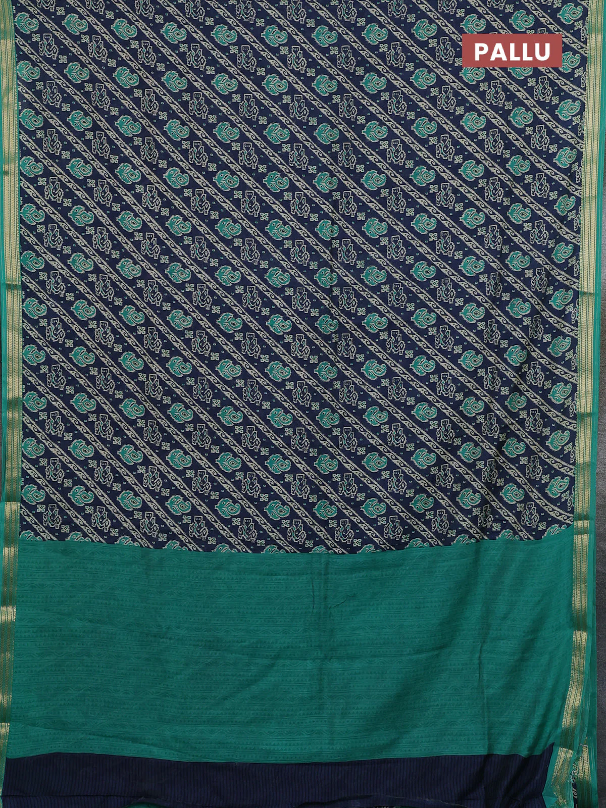 Muslin silk saree navy blue and teal green with allover ikat prints and zari woven border - Image 3