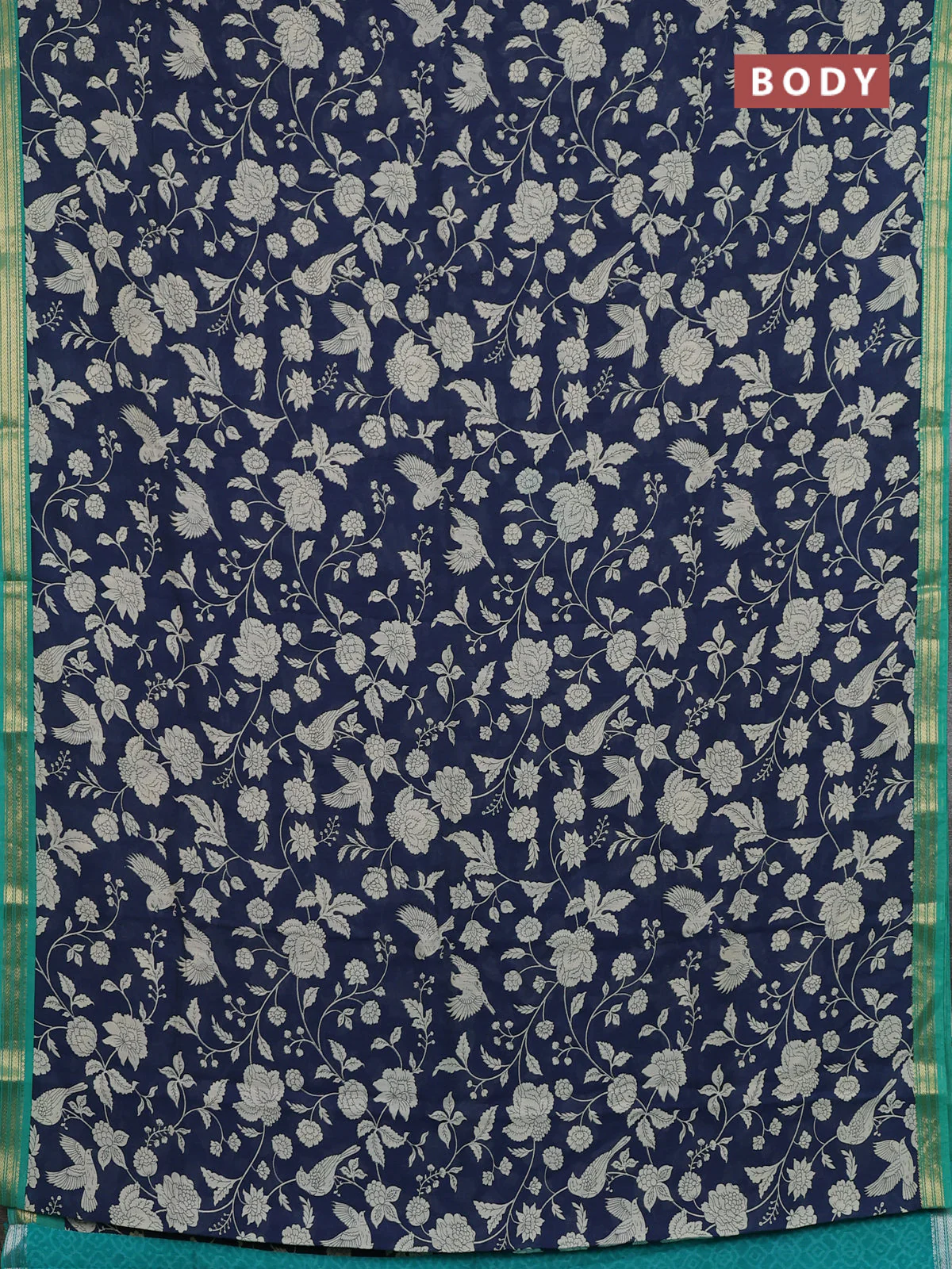Muslin silk saree navy blue and teal green with allover prints and zari woven border - Image 2