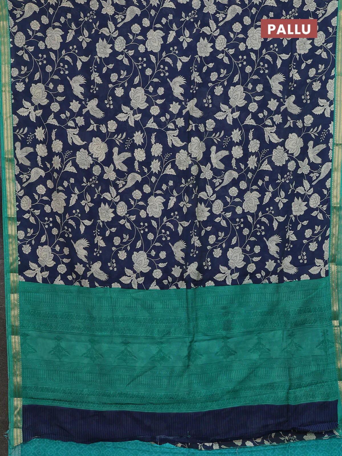 Muslin silk saree navy blue and teal green with allover prints and zari woven border - Image 3